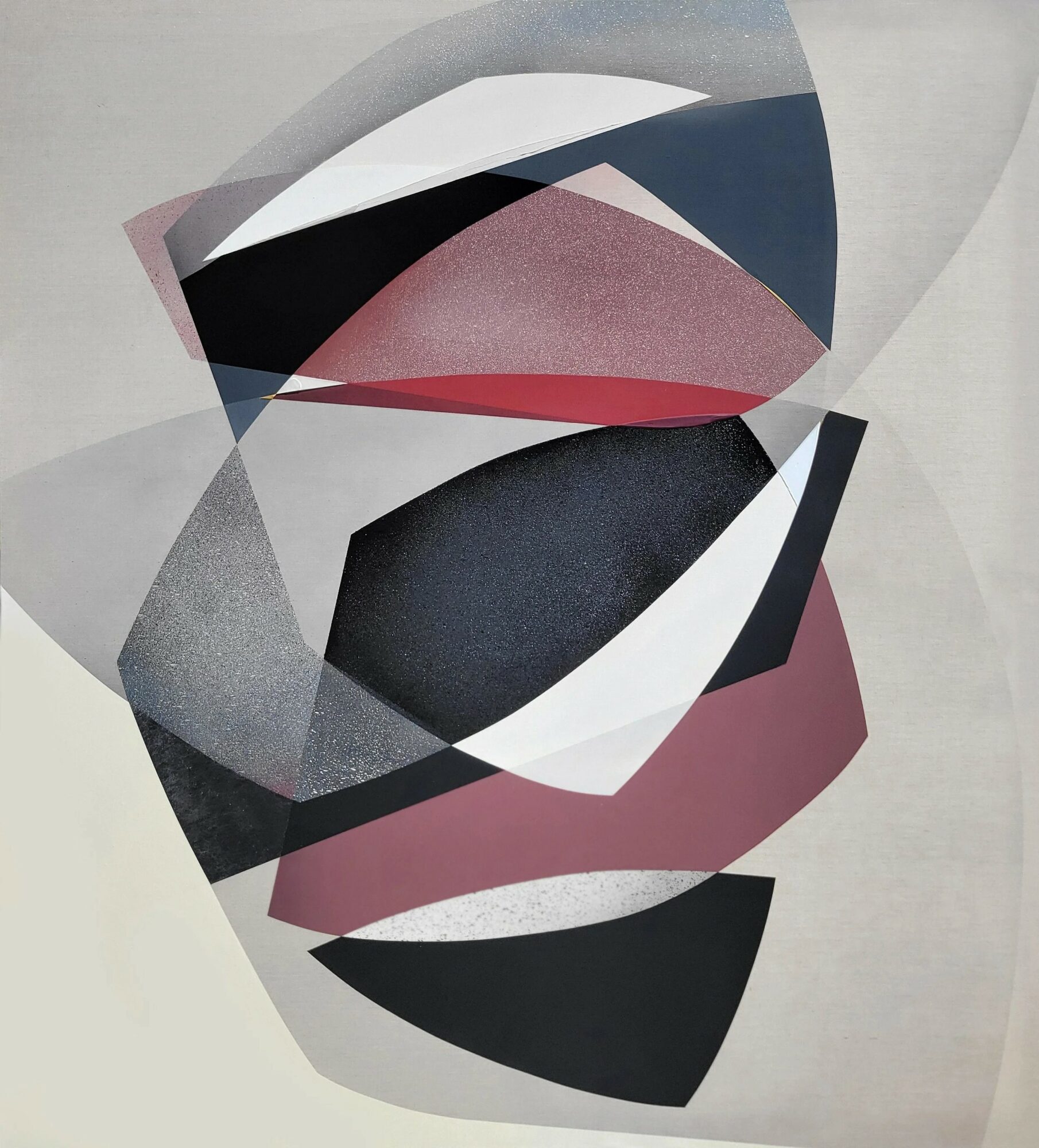 Abstract geometric shapes in black, white, gray, and maroon arranged in a layered composition.