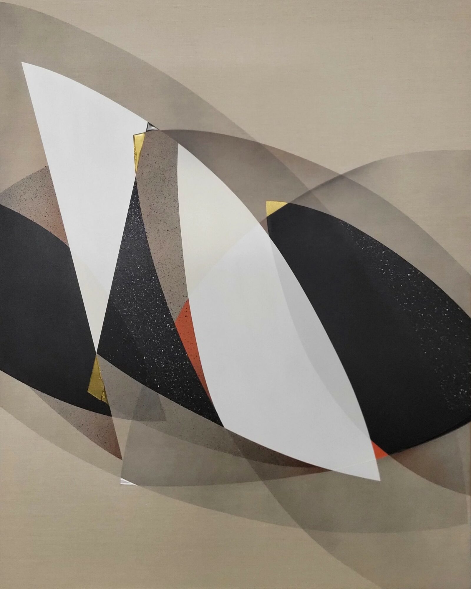 Abstract geometric shapes with overlapping white, black, and beige elements, some with yellow accents, on a neutral background.