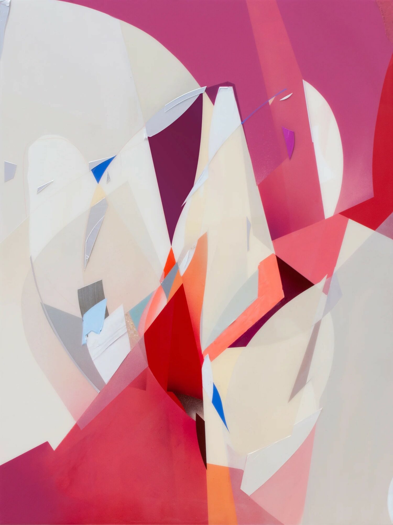 Abstract composition with white, pink, red, and blue shapes overlapping and intersecting.