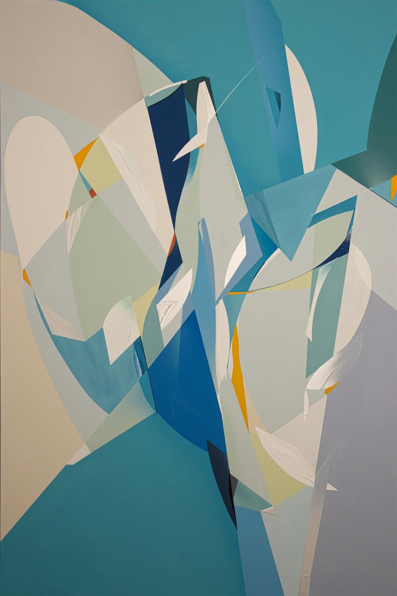 Abstract geometric shapes in shades of blue, white, and beige with hints of yellow, arranged in a dynamic composition.