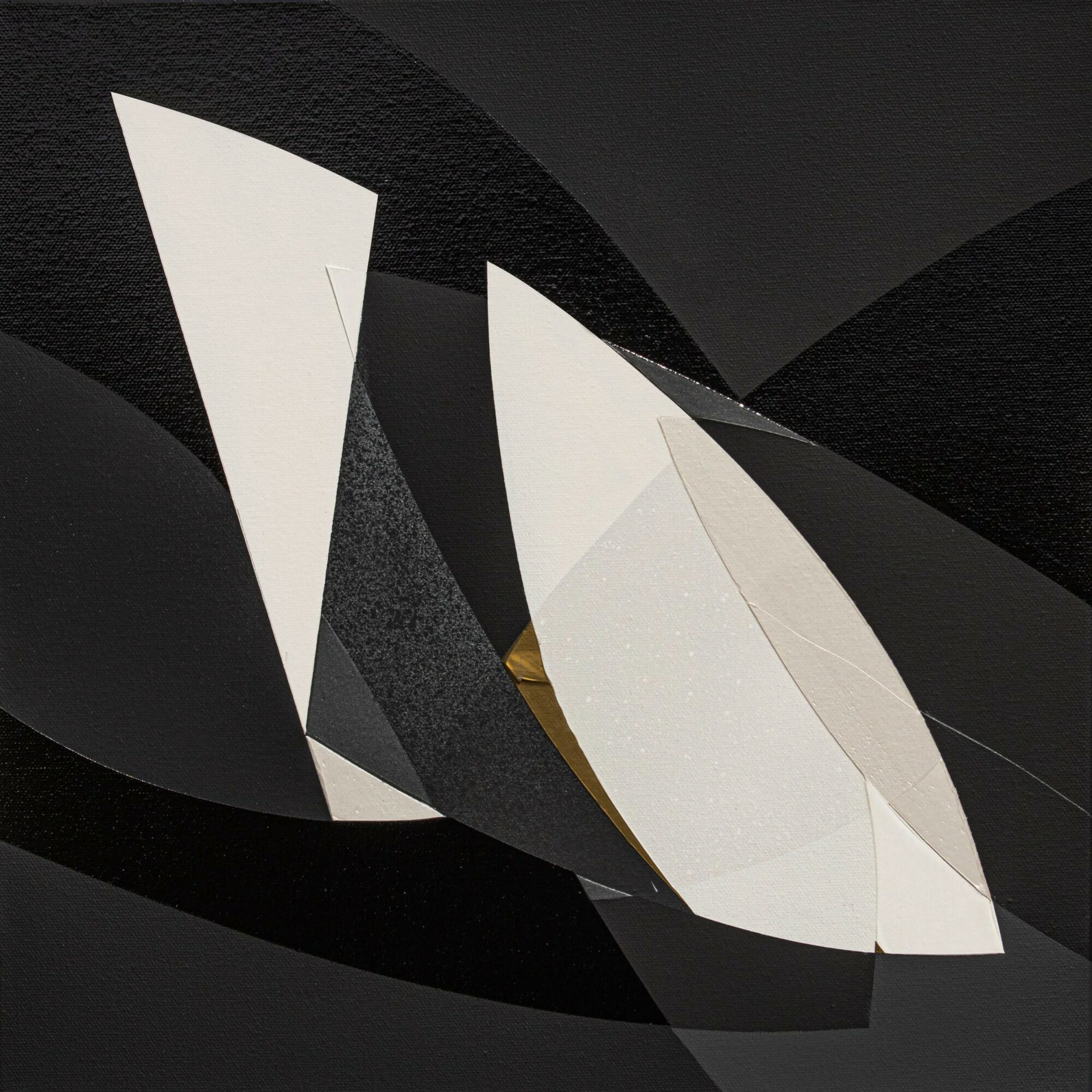 Abstract composition with black, white, and gold geometric shapes and curved lines.