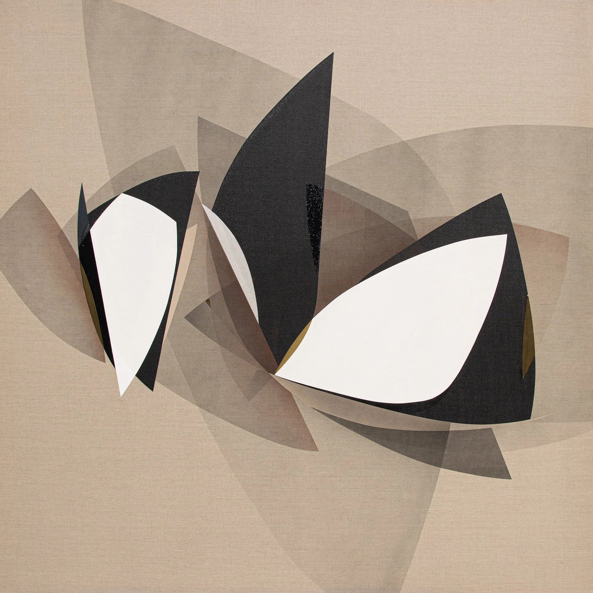 Abstract geometric shapes in black, white, and beige on a neutral background.