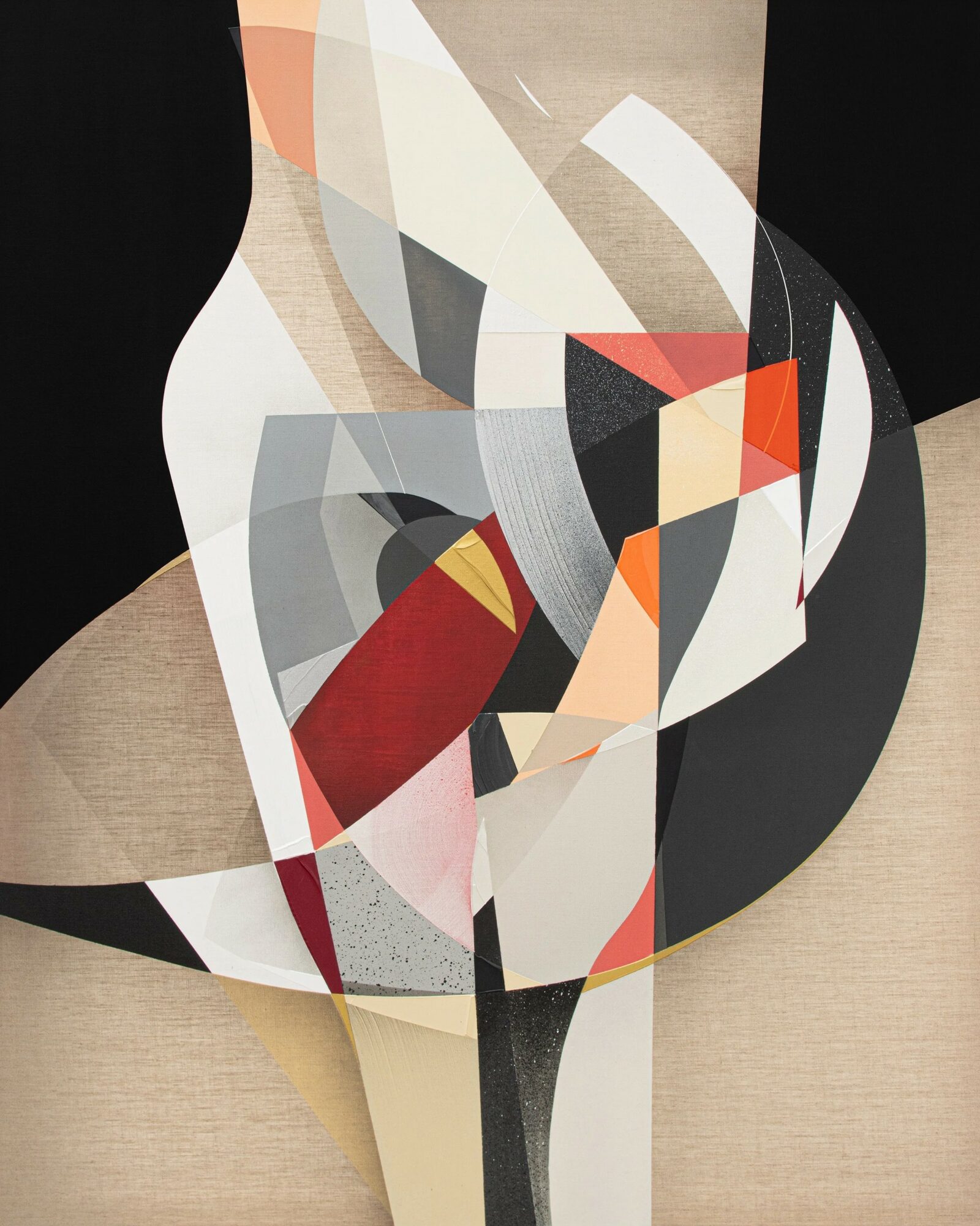 Abstract geometric artwork with various shapes and colors, including black, white, red, orange, and beige, on a beige background.