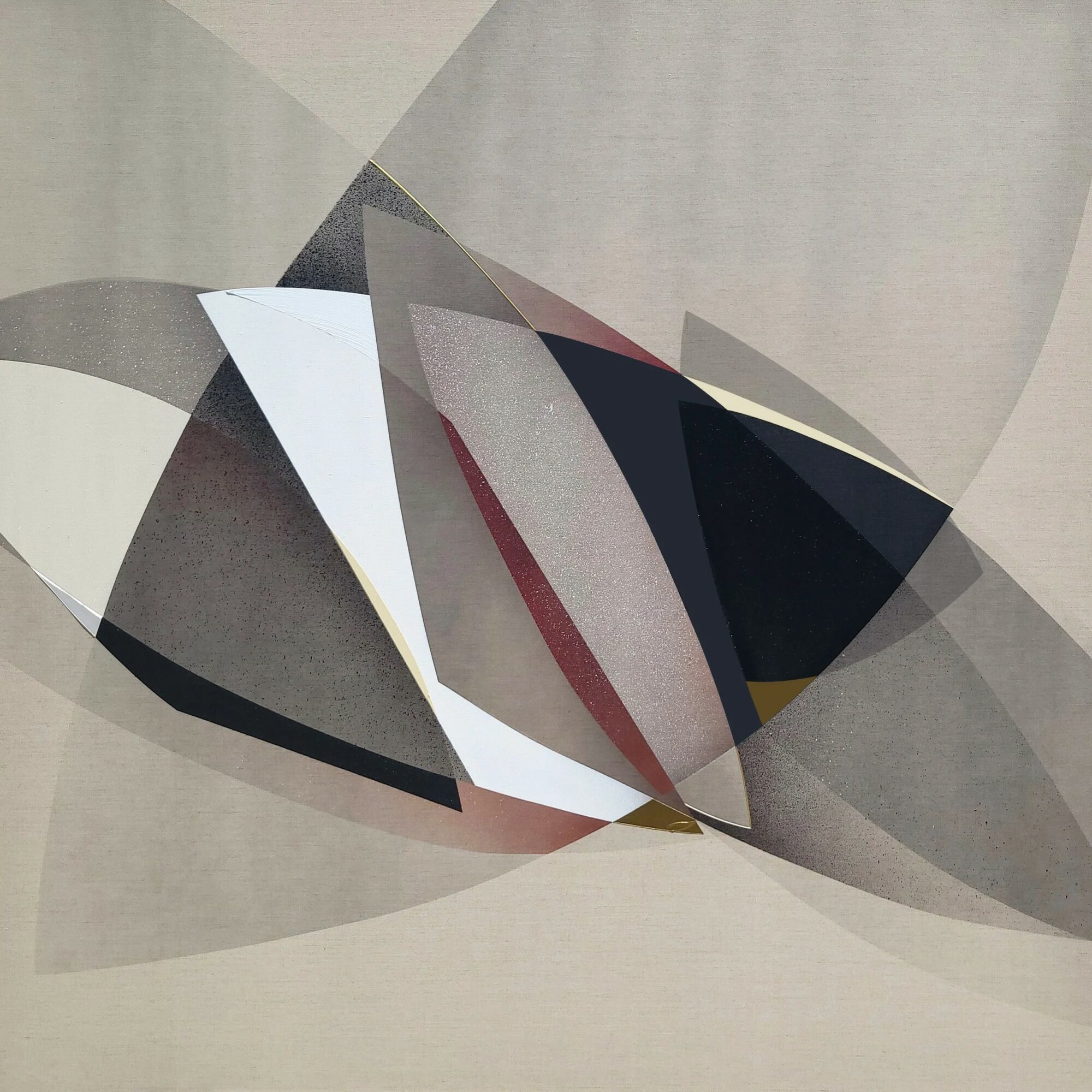 Abstract geometric composition with overlapping shapes in neutral and dark colors.