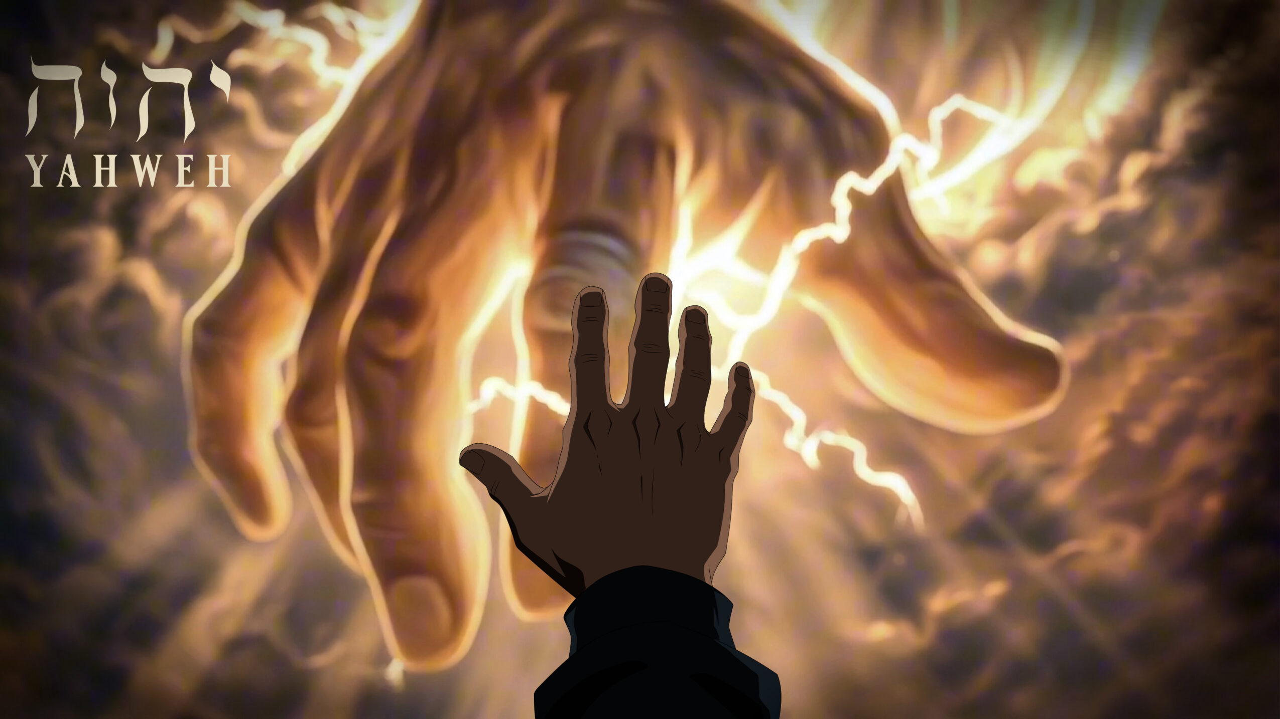 A hand reaches out towards a large, glowing hand surrounded by lightning in a dramatic scene, with dark clouds in the background.