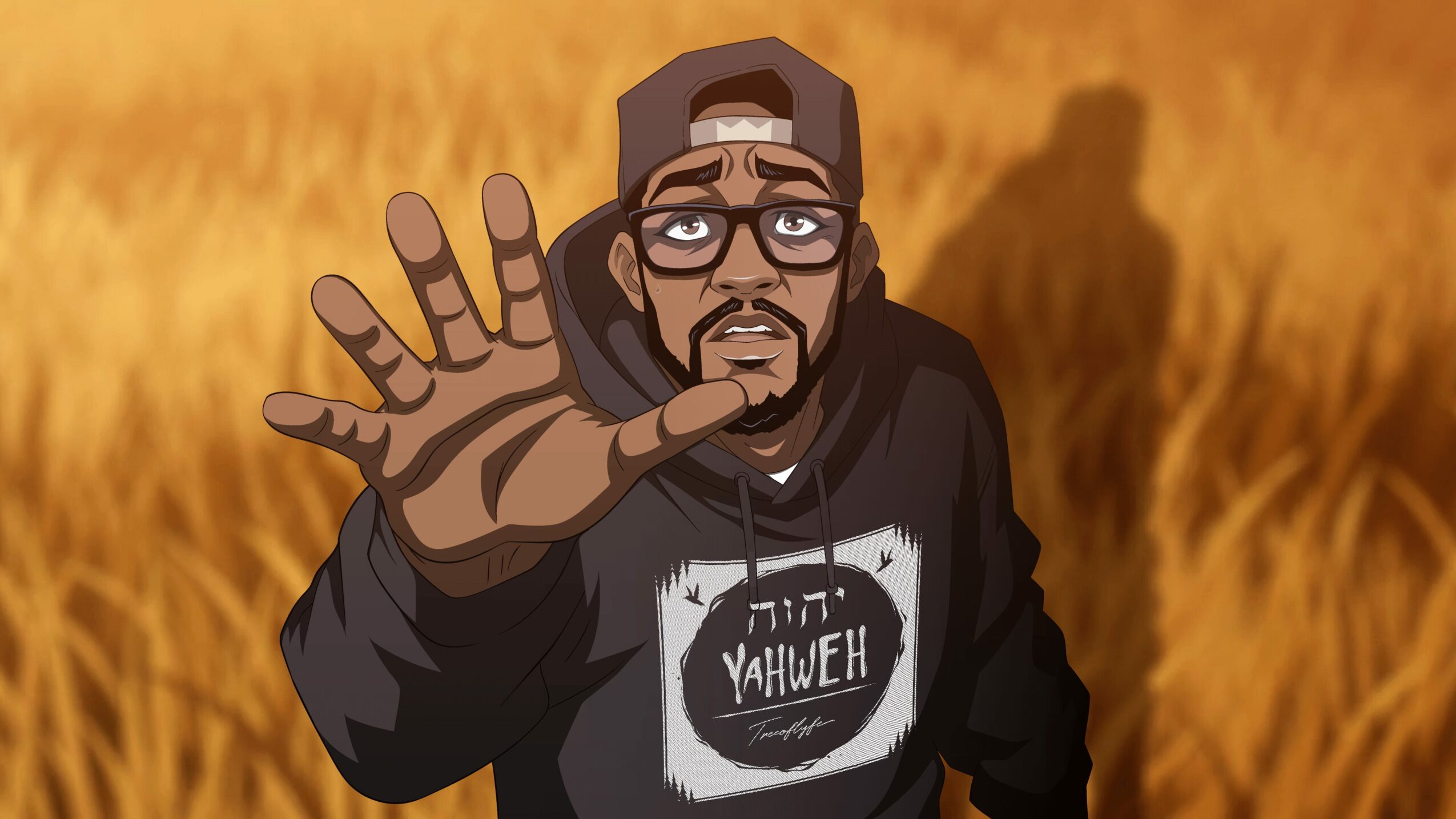 Animated man with glasses and a cap reaching out with his hand in a field of tall grass, shadow in background.