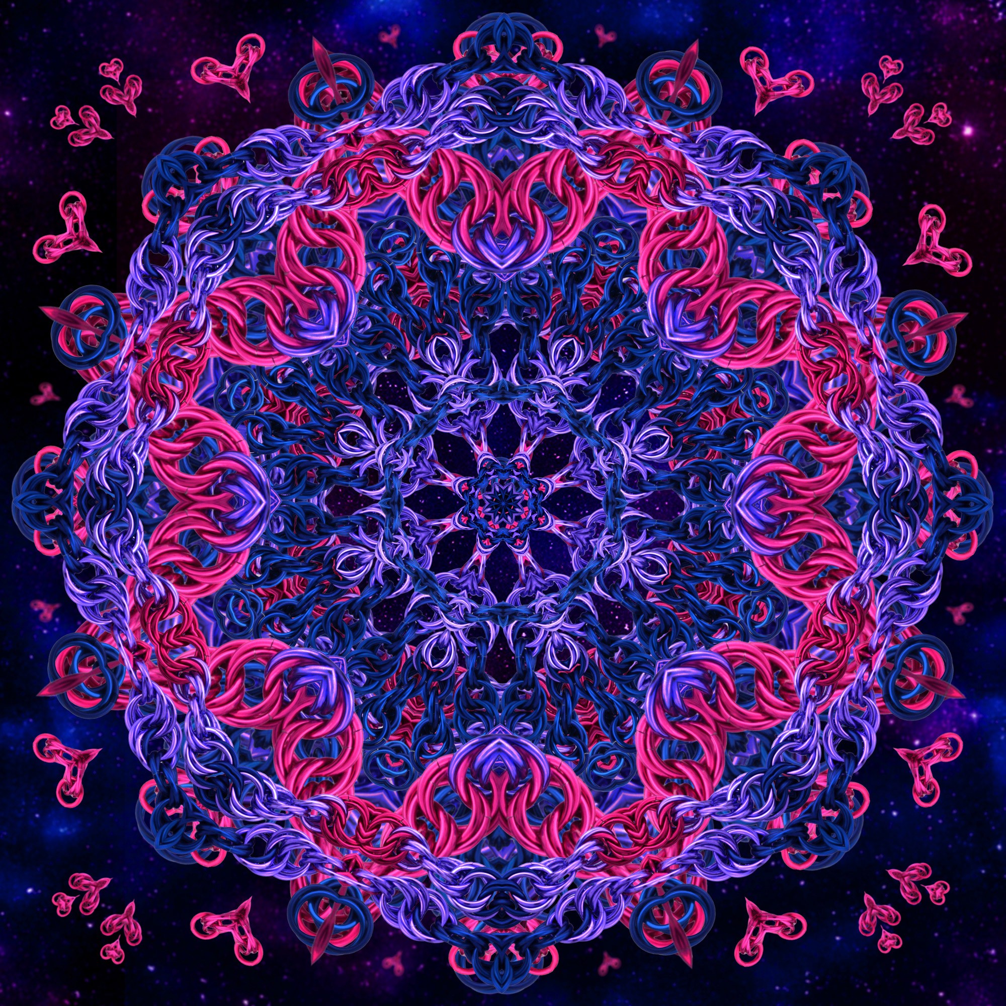 Intricate symmetrical mandala with pink and purple swirling patterns on a dark background, featuring small heart shapes around the edges.