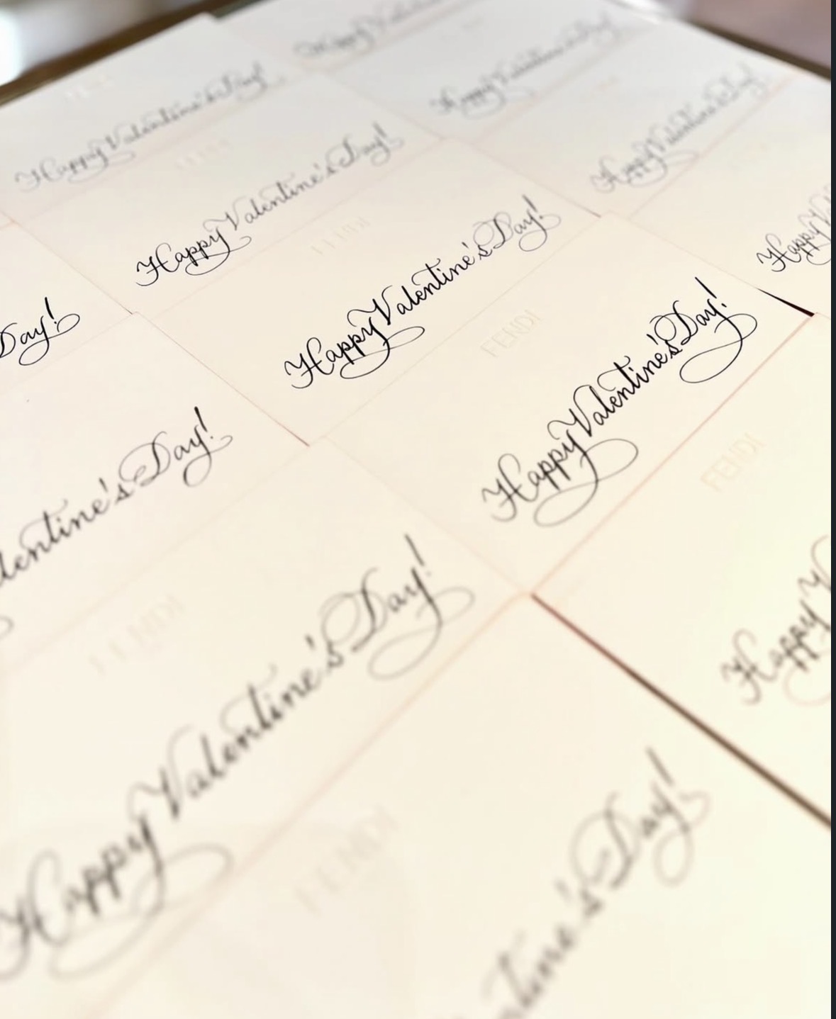 Multiple handwritten notes on paper, each reading 'Happy Valentine's Day!' in cursive script.