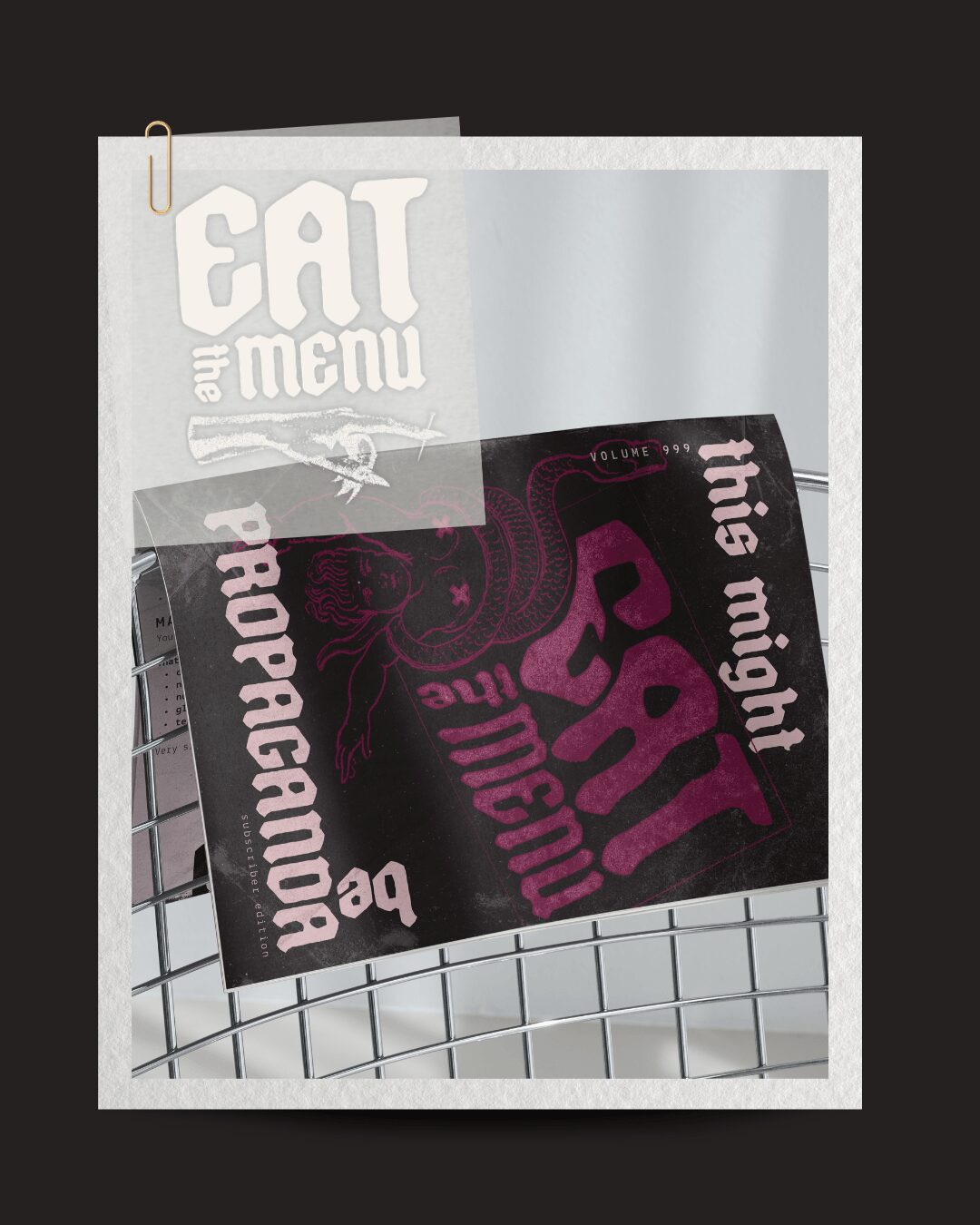 A black cloth with pink text reading 'this night is so' and a grid pattern, placed on a wire rack.