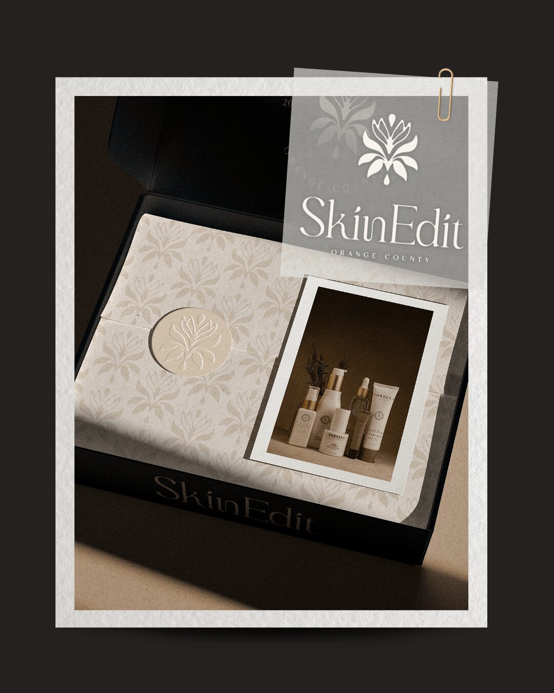 Box with skincare products and a label reading 'SkinEdit' on a dark background.