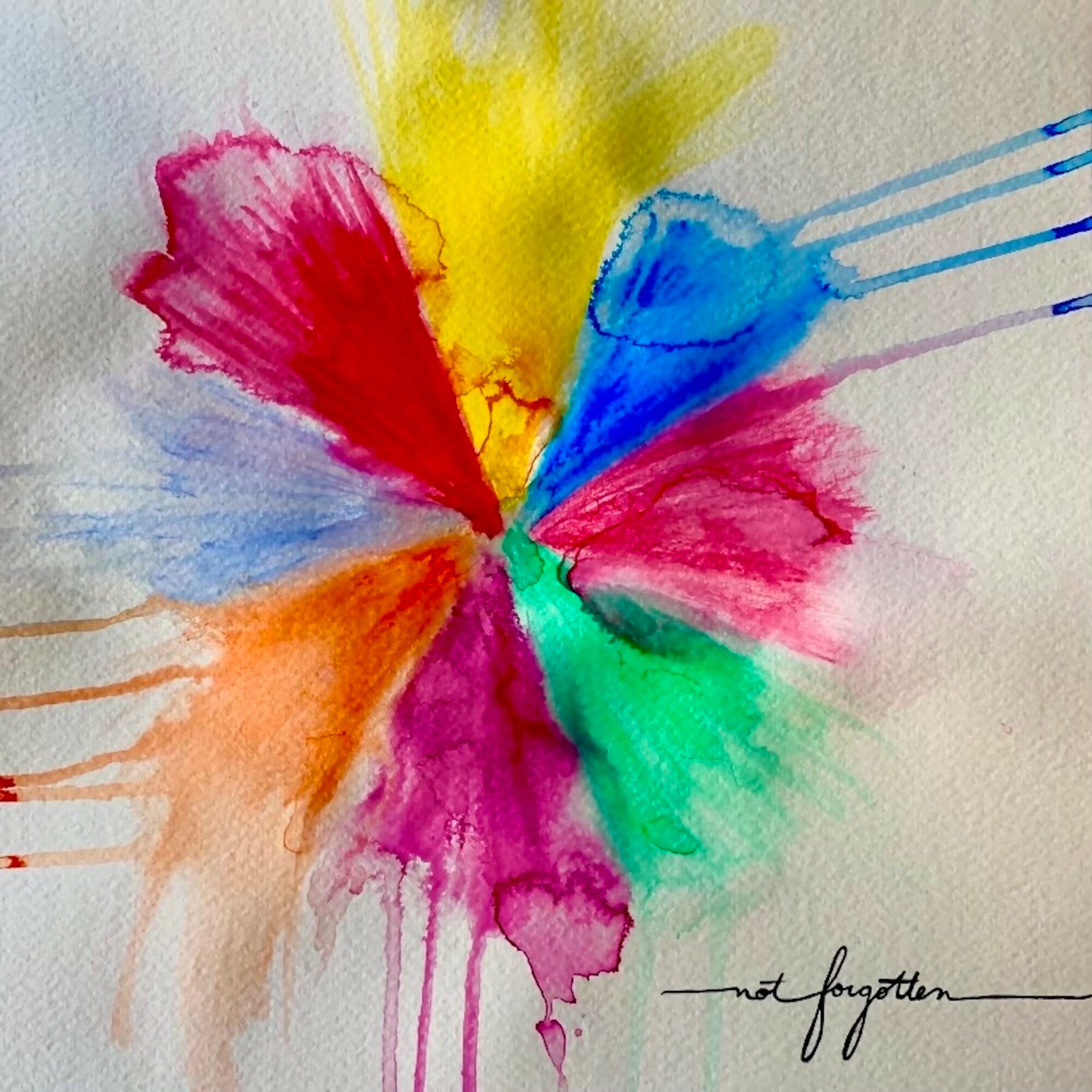 Colorful watercolor splash with red, yellow, blue, pink, orange, and green on paper, with handwritten text reading 'not forgotten'.