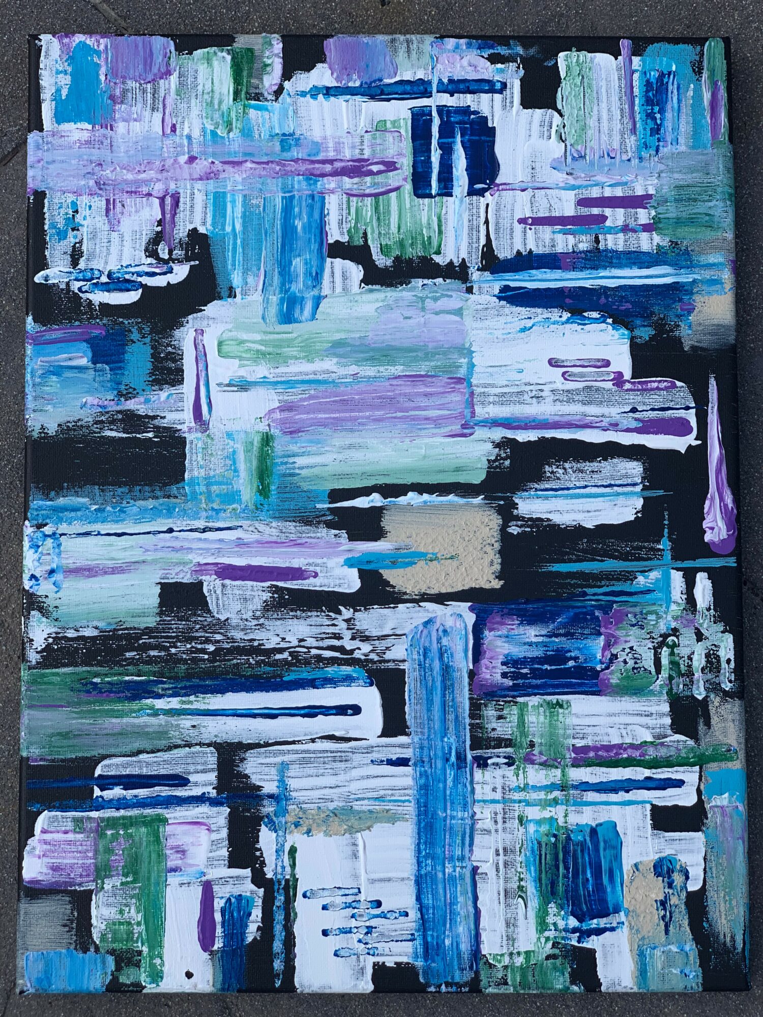 Abstract painting with blue, purple, green, and white brushstrokes in various horizontal and vertical patterns.