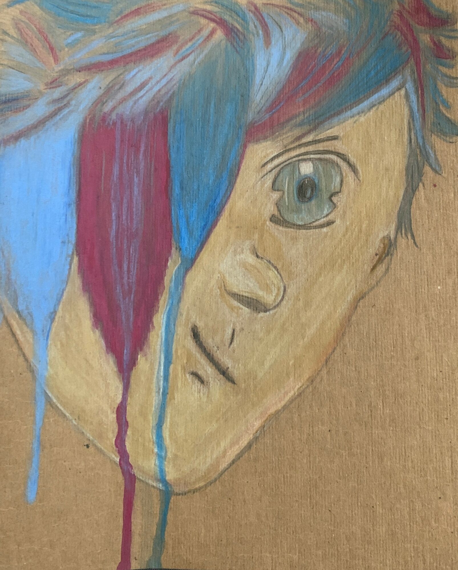 Close-up of a colorful, hand-drawn portrait of a person with blue, red, and purple hair, and a neutral expression.