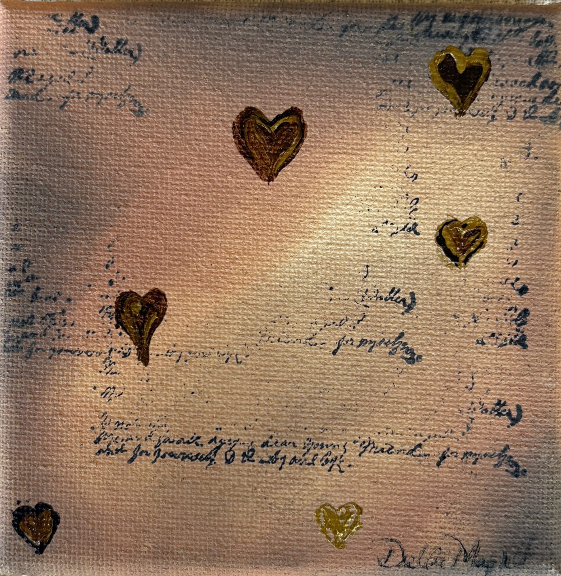 Handwritten letter with five small heart illustrations, some text visible, background appears textured, warm tones.