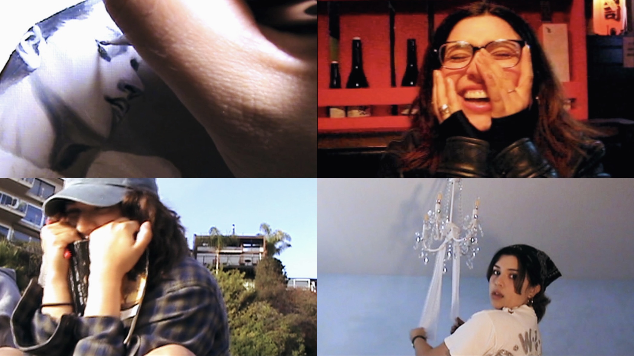 Four images: a person with a hand near face, a woman laughing, a person with hands on face outdoors, a woman with a chandelier background.