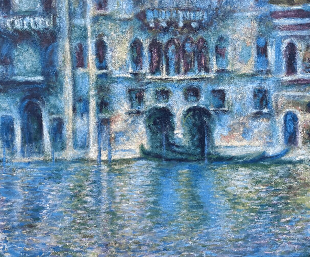 Painting of a building with arched windows and a boat on water, using blue and green tones.