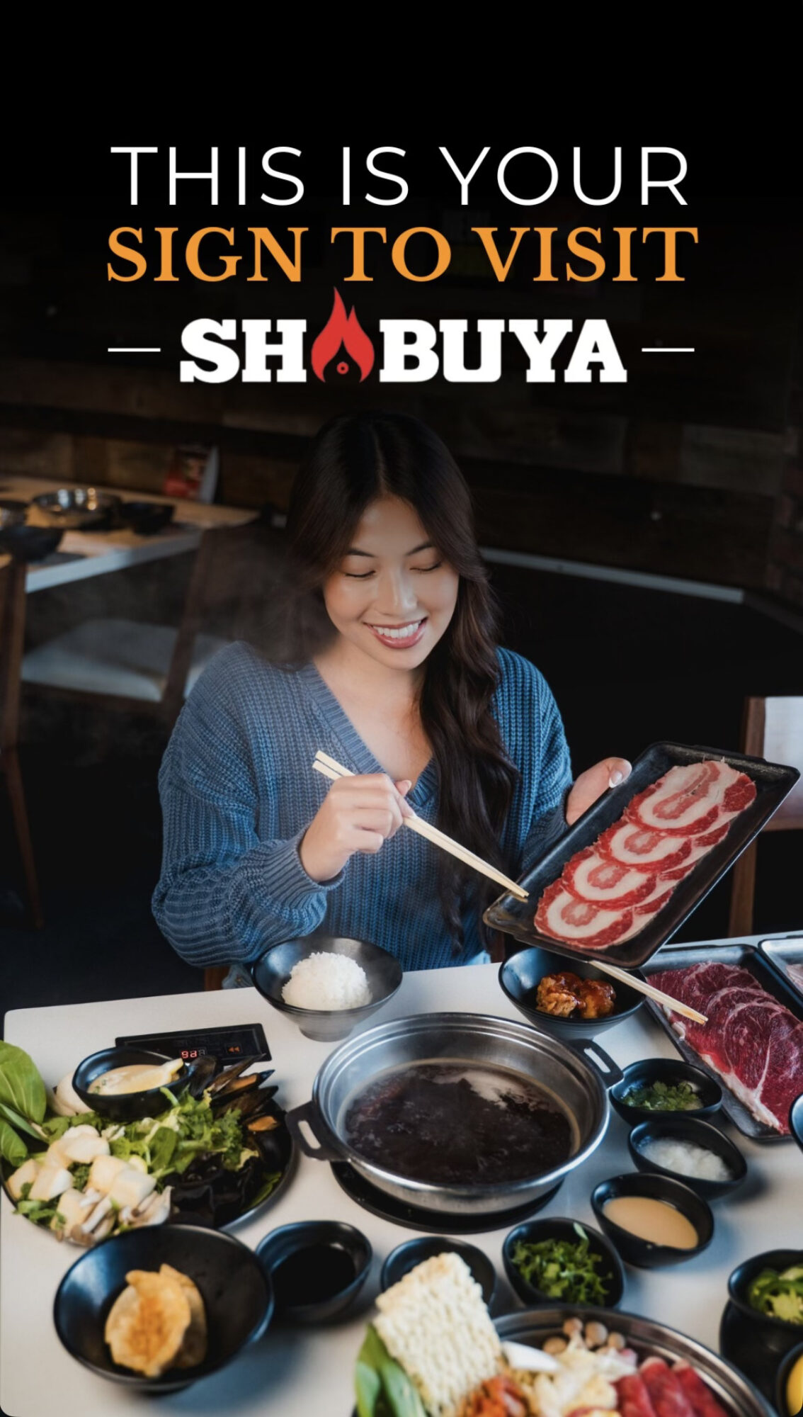 Woman smiling at table with food, holding chopsticks, restaurant setting, sign to visit Shabuya, text overlay, 20 words.