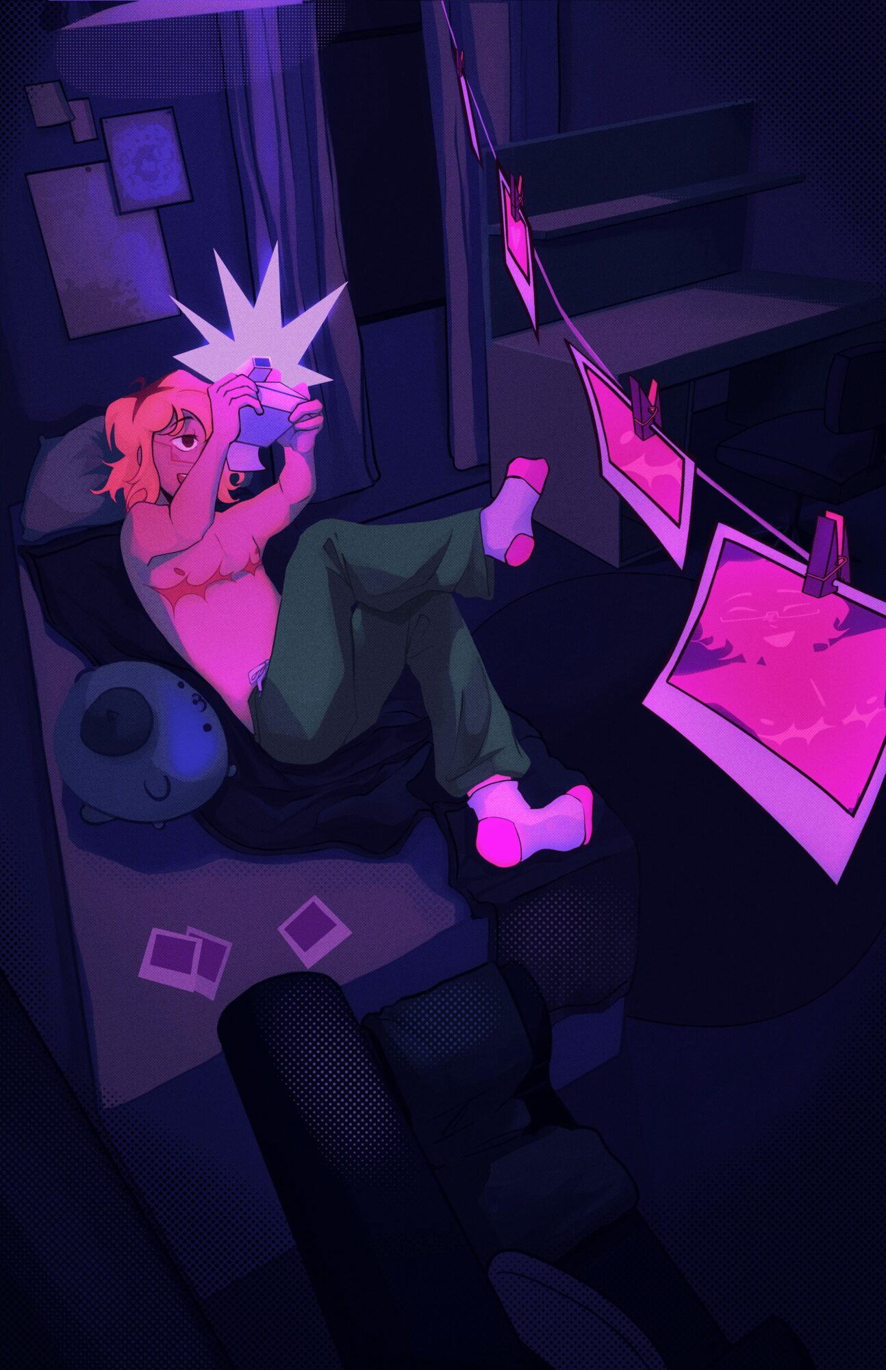 Person with spiky hair and headphones relaxing on a bean bag, surrounded by glowing screens and electronic devices, in a dark room.