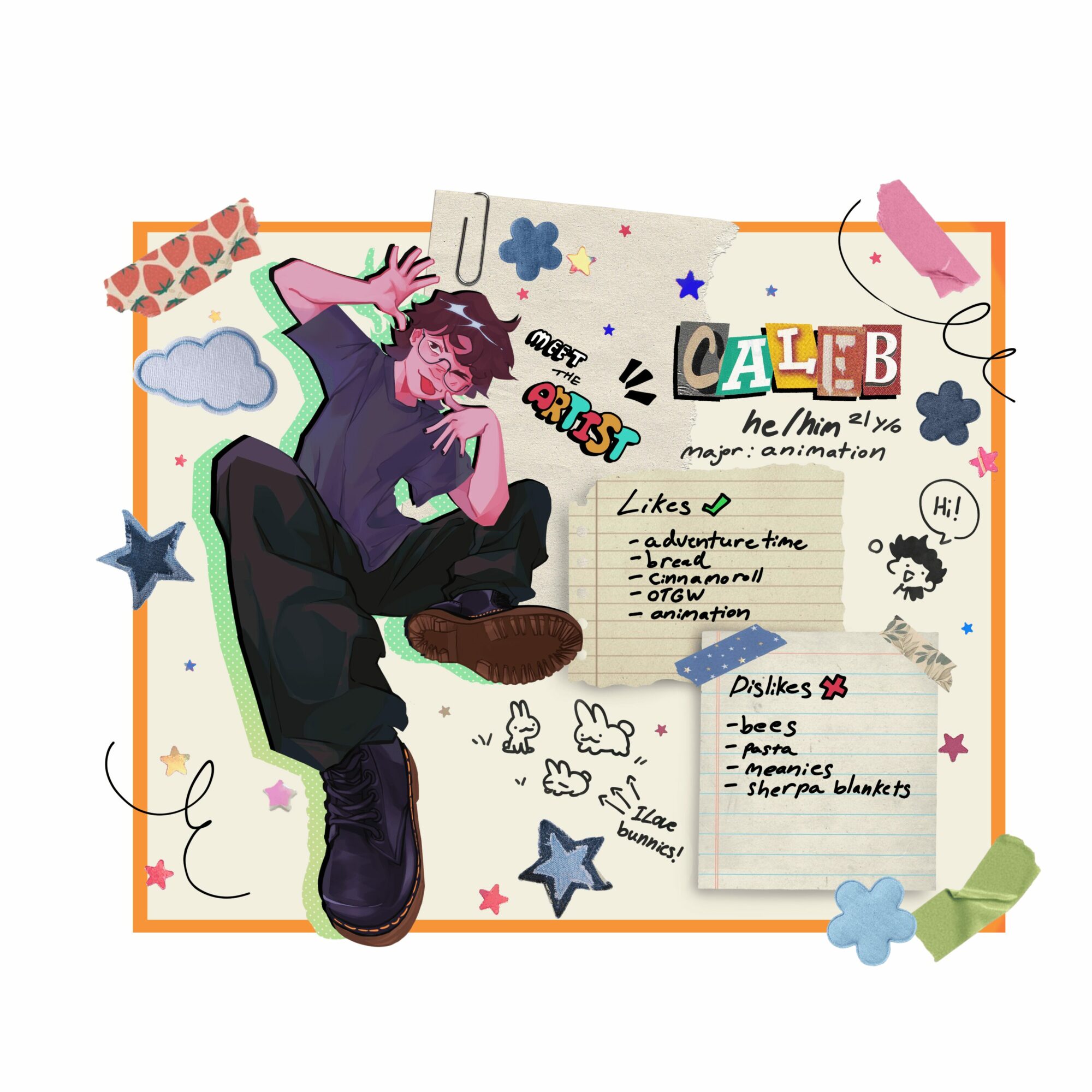Person with purple hair sitting on the floor, surrounded by colorful notes and drawings, smiling and making a peace sign.