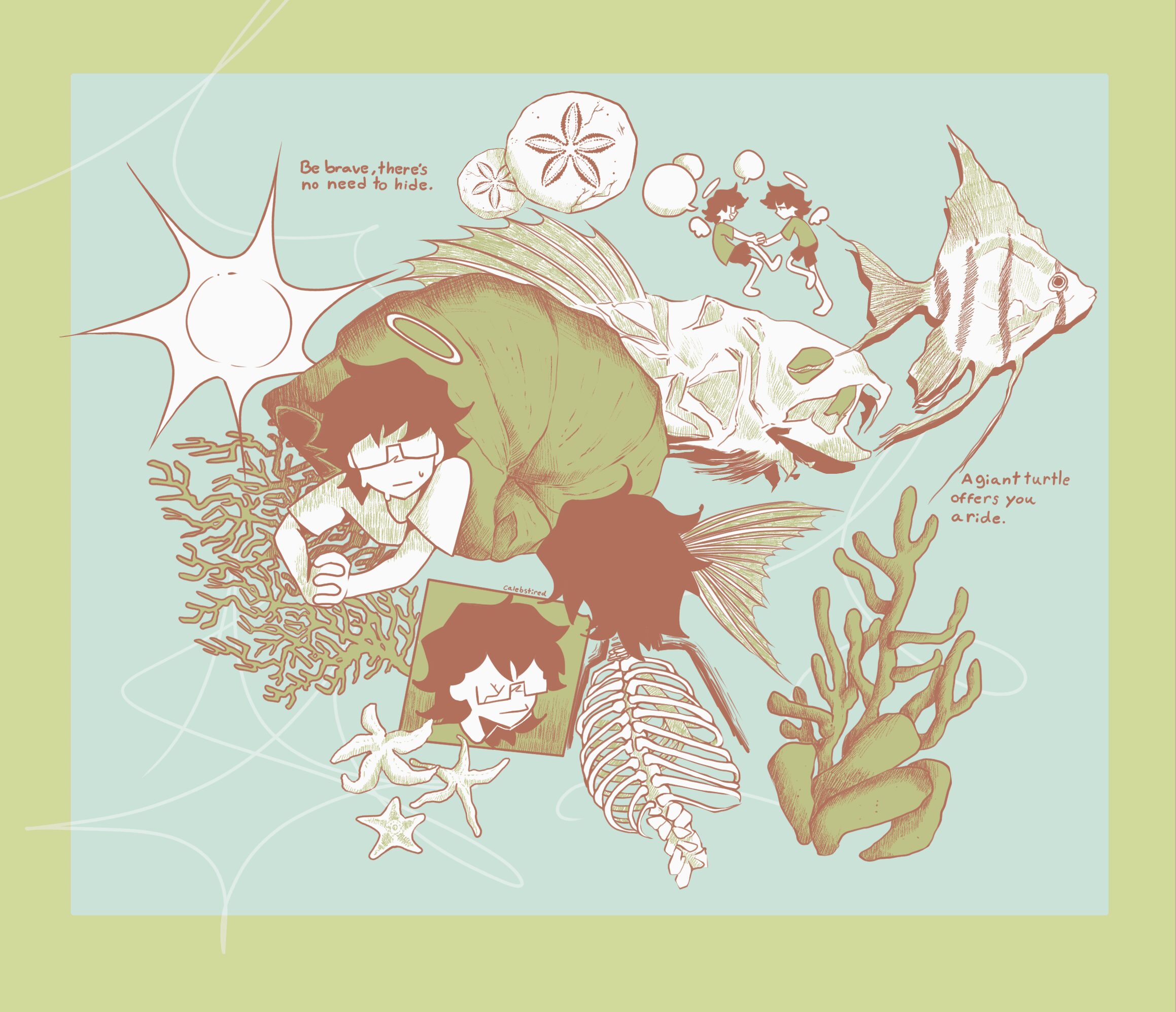 Two children with glasses lie among seaweed, shells, and coral on a light green background, with bubbles and a starfish nearby.