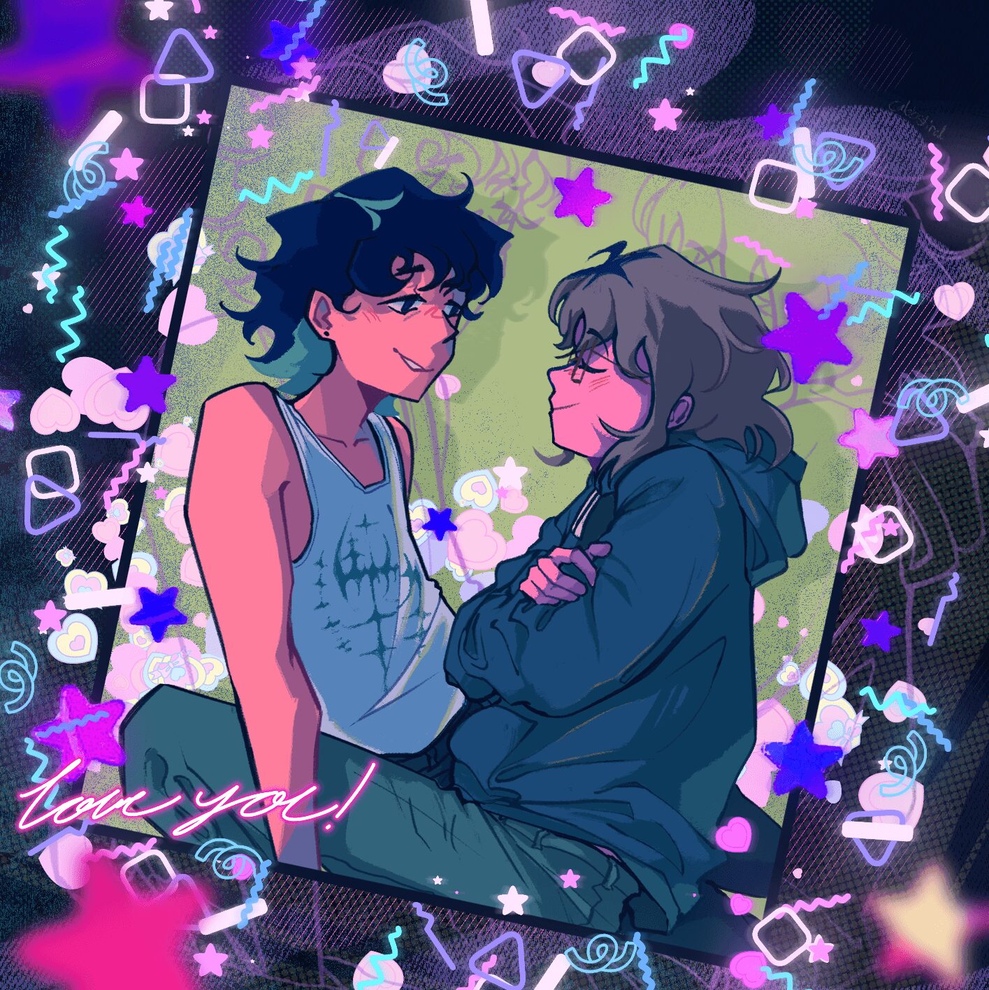 Two animated characters sit close, one with dark curly hair and the other with straight hair, in a green outdoor setting.