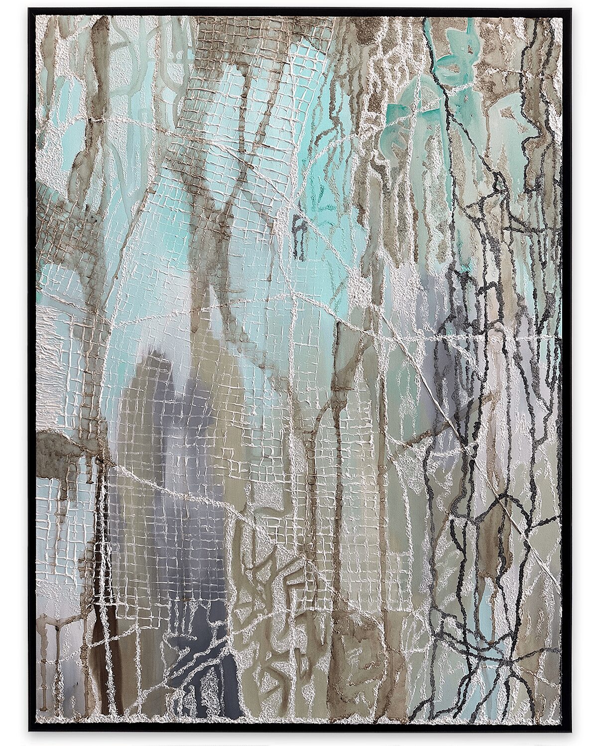 Abstract painting with vertical and diagonal lines in shades of blue, green, gray, and brown.