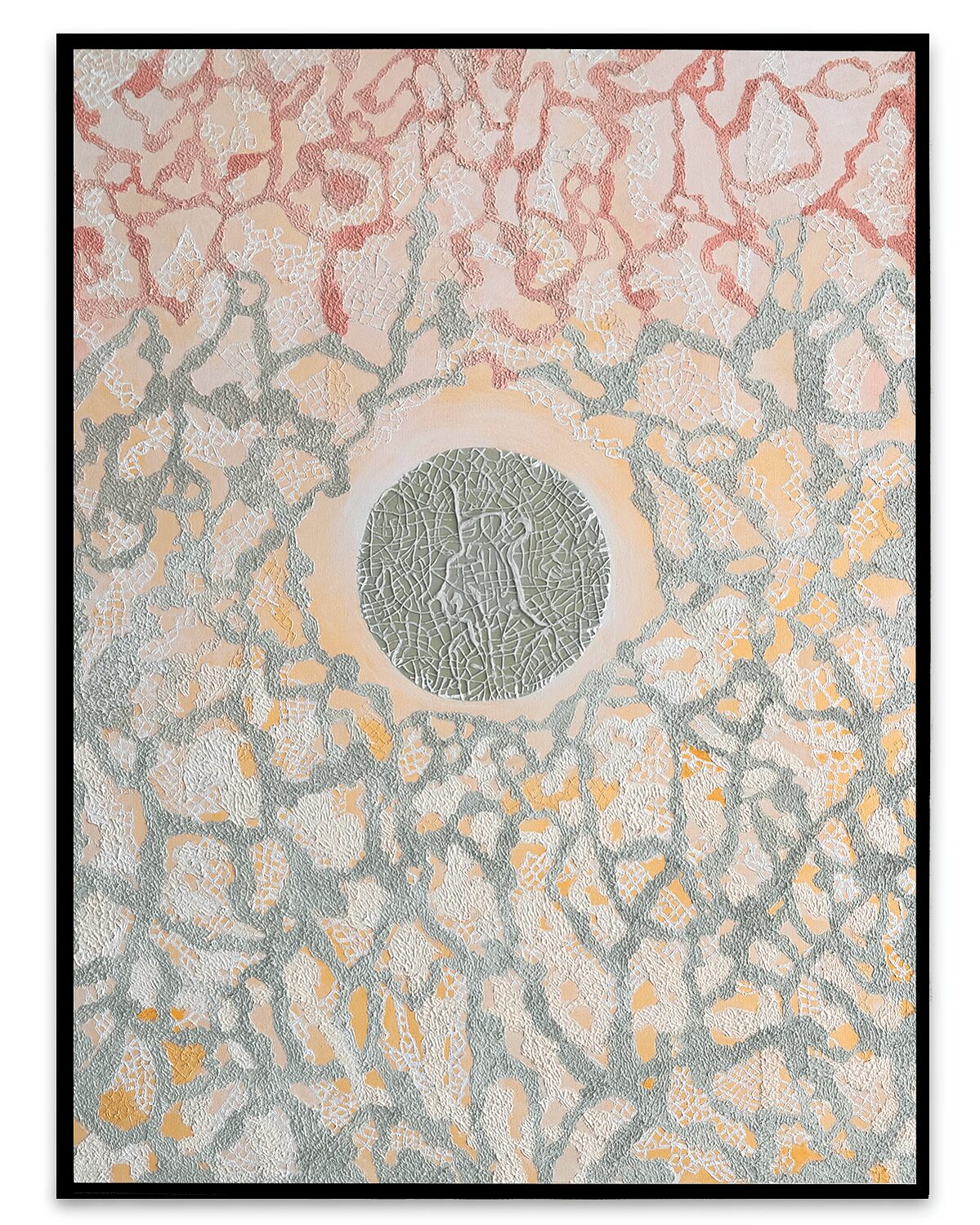 Abstract textured artwork with a central circular element and pastel-colored irregular lines, on a light background.