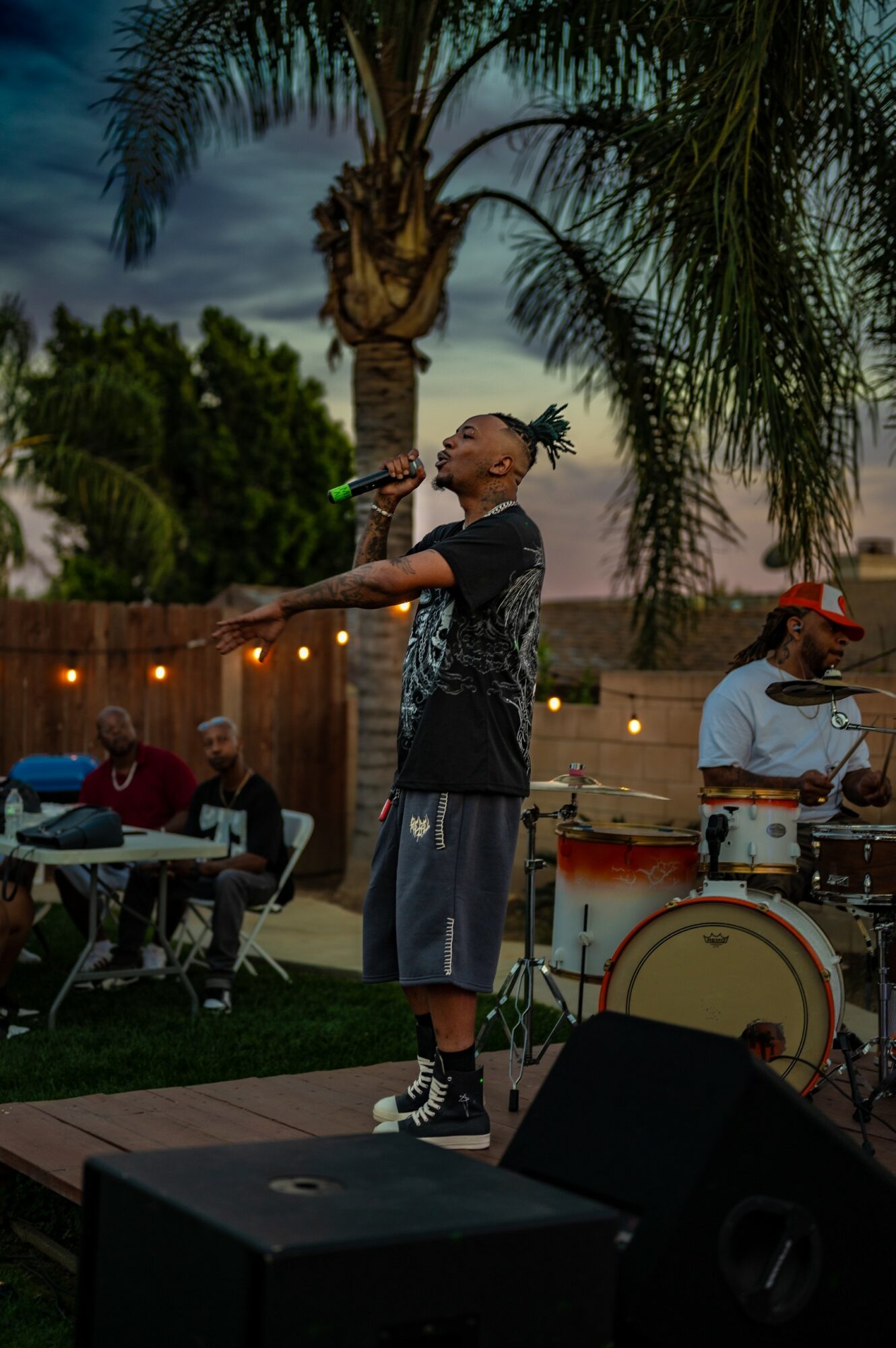 Person standing on a stage with a microphone, outdoors at night, with palm trees and string lights in background.