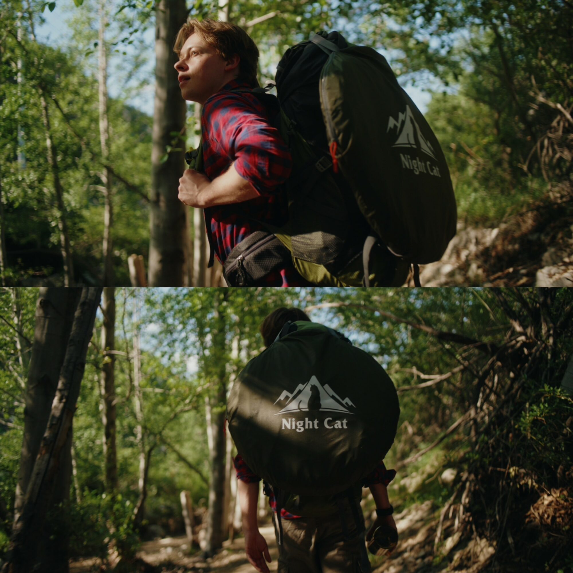 Person hiking in a forest carrying a large backpack, with trees and sunlight in the background.