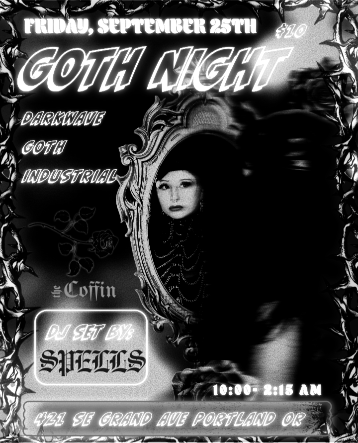 Goth night event poster with a woman’s portrait in an ornate mirror frame, event details, and gothic-themed design elements.