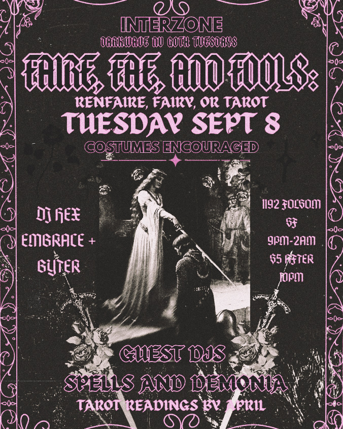 Event poster for a fairy, tarot, and demonology gathering on September 8, featuring guest D.A.S. with tarot readings, costumed encouraged.