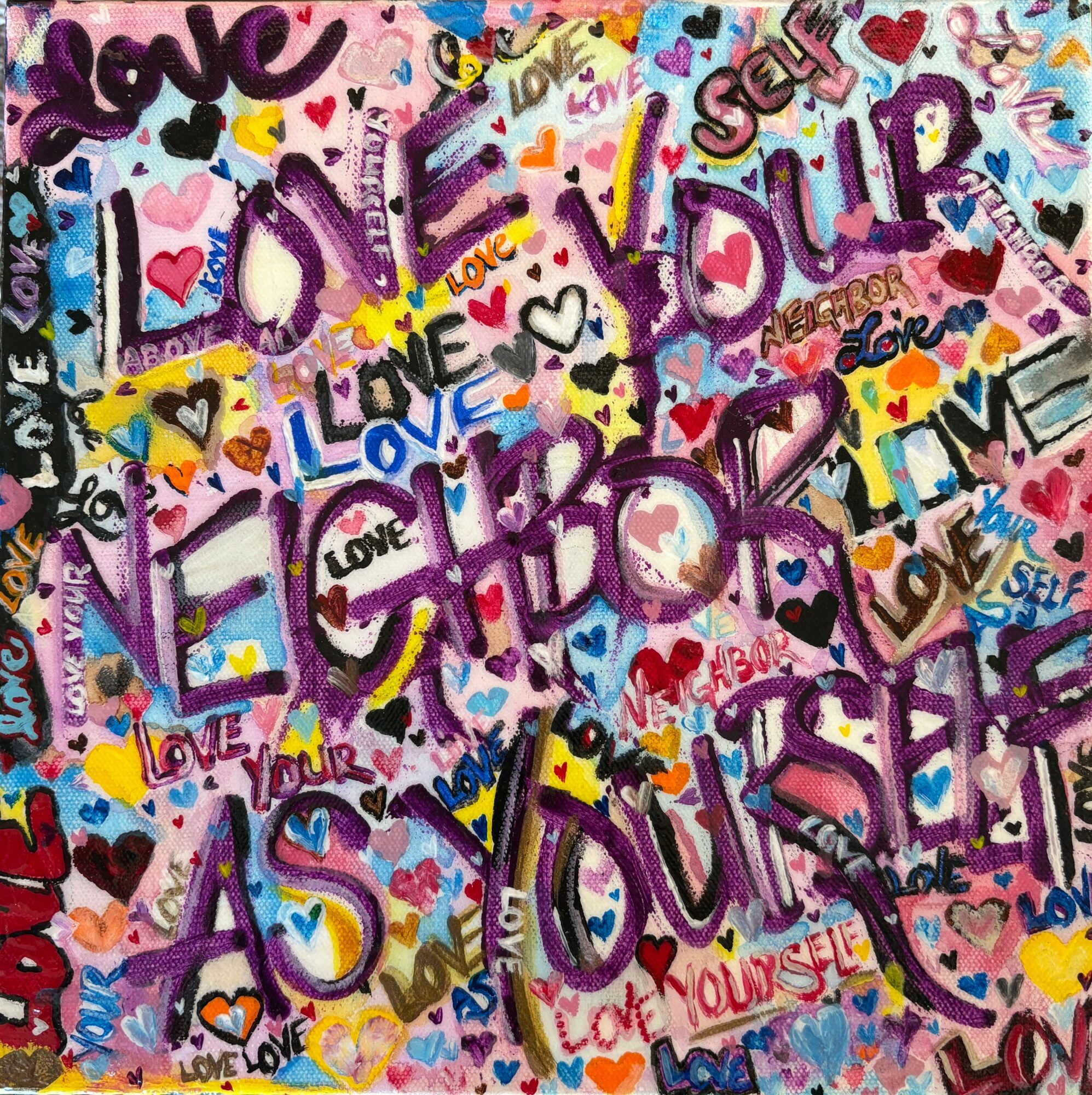 Colorful graffiti with words like love, self, and enjoy surrounded by hearts and stars, vibrant and energetic design.