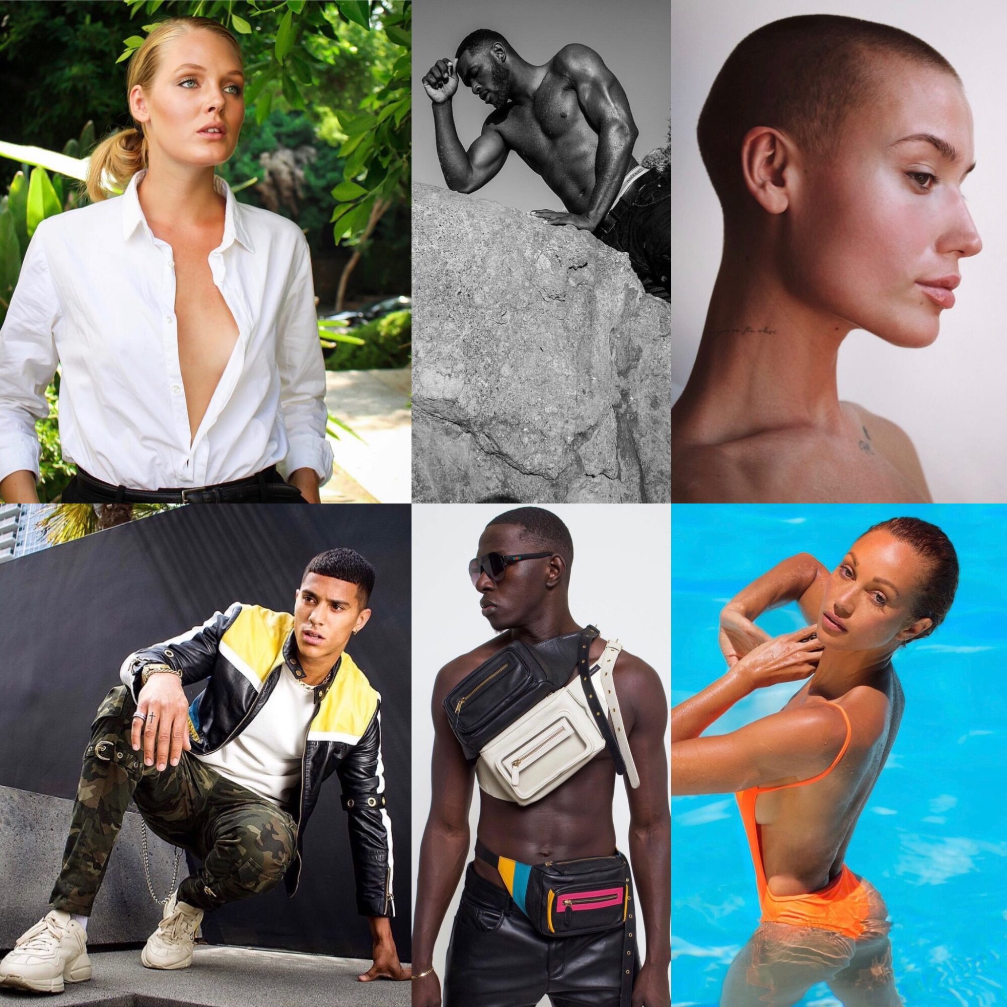 Collage of six images: woman outdoors, muscular man, woman with shaved head, young man in casual wear, man with sunglasses, woman in pool.
