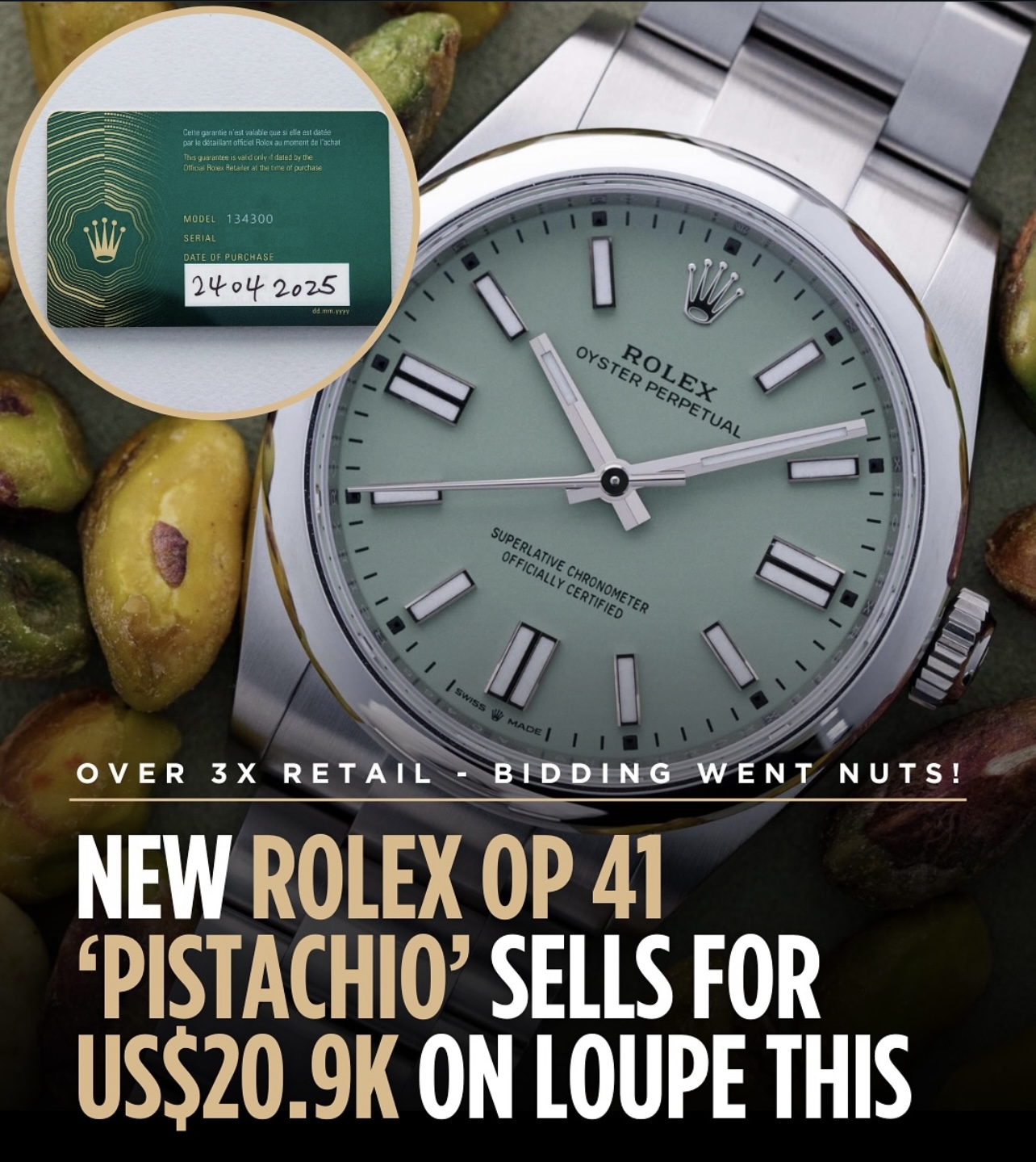 Close-up of a Rolex watch with a green dial, surrounded by fruits, with a news headline about Rolex OP 41 pistachio model for sale.