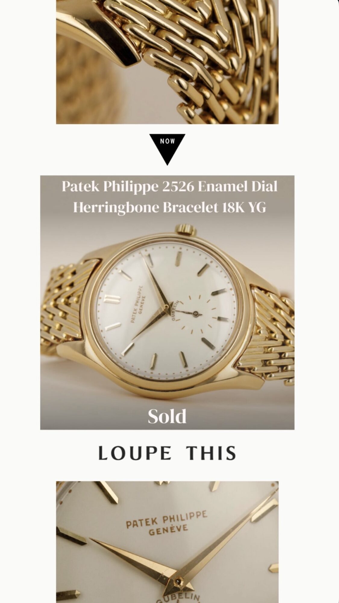 Close-up of a gold Patek Philippe wristwatch with a white dial and gold bracelet, showing time and date, with text overlay.