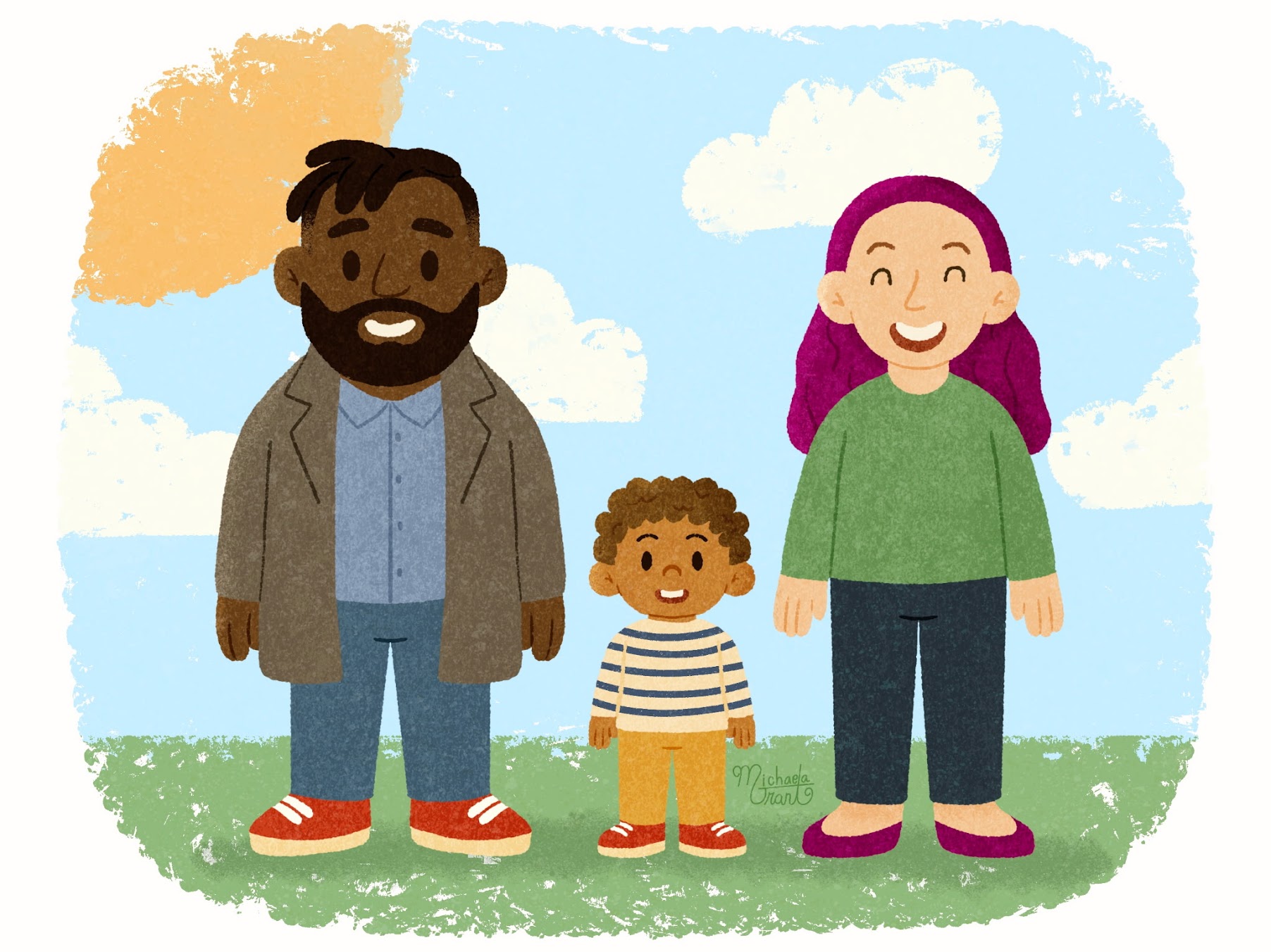 Three people, two adults and a child, standing outdoors with clouds and grass in the background.