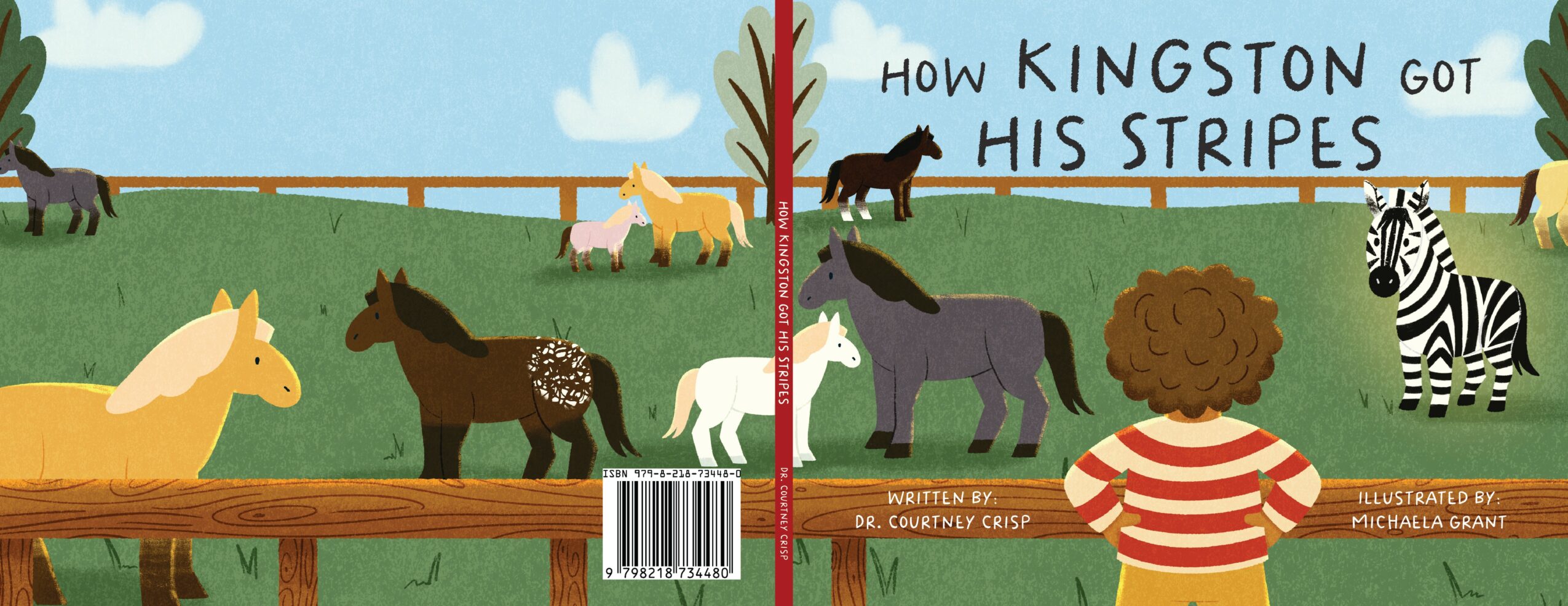 Children observe zebras, horses, and a zebra in a zoo enclosure with a sign reading 'How Kingston got his stripes.'