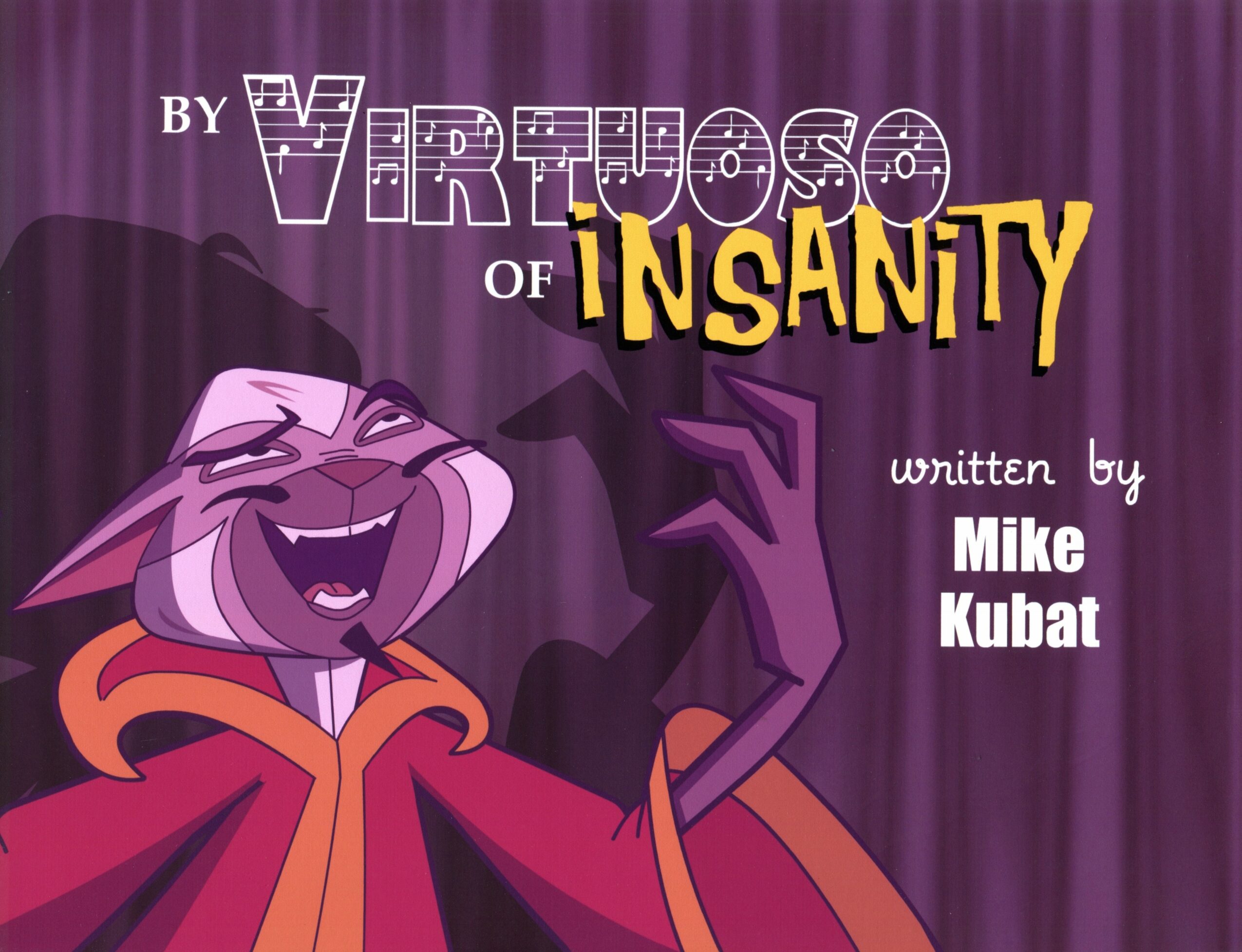 Animated character with purple fur, laughing, wearing a red and orange robe, with a purple curtain background.