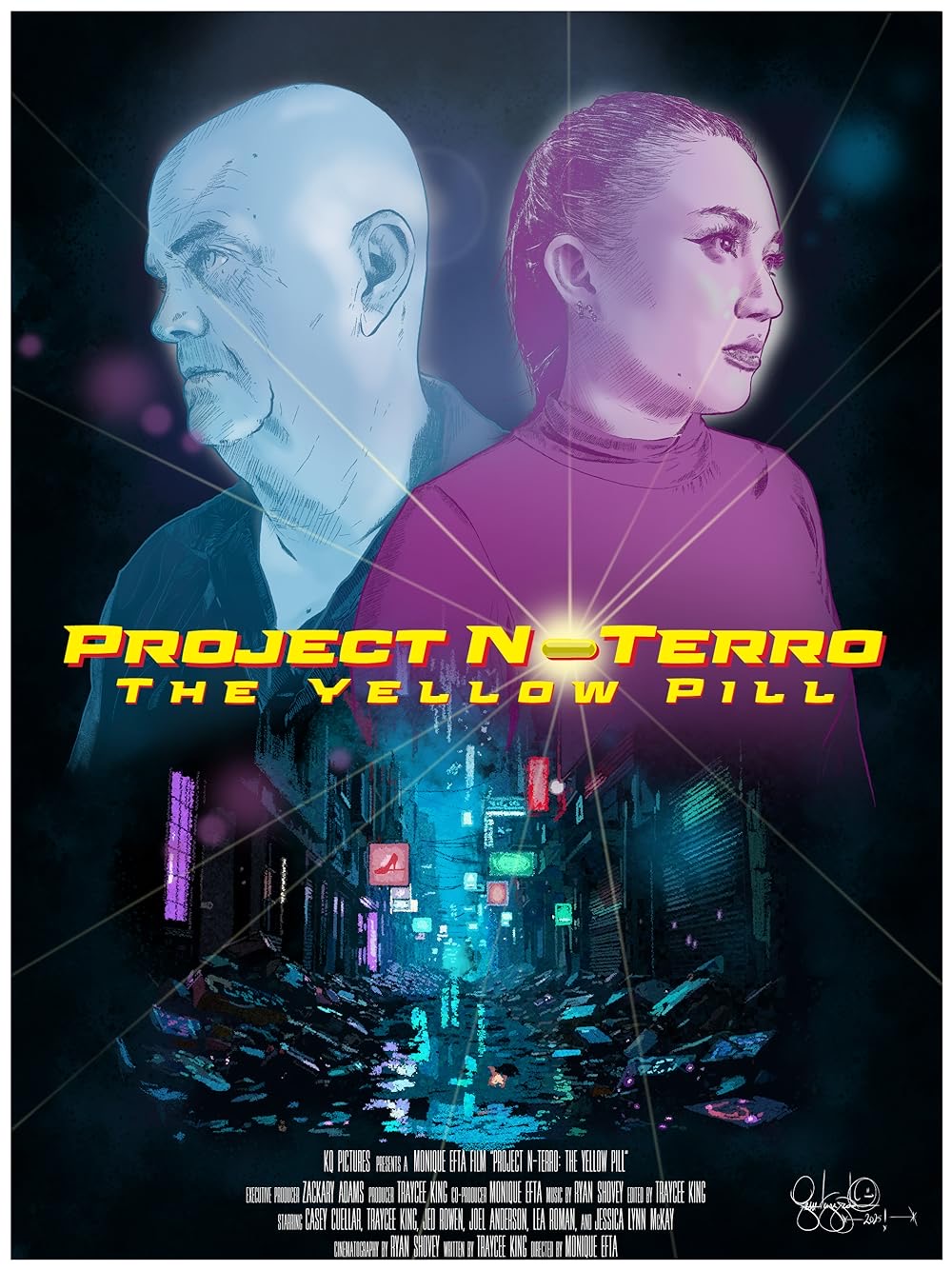 Poster features a man and woman with cityscape background, title 'Project N-Terra: The Yellow Pill', and glowing effects.