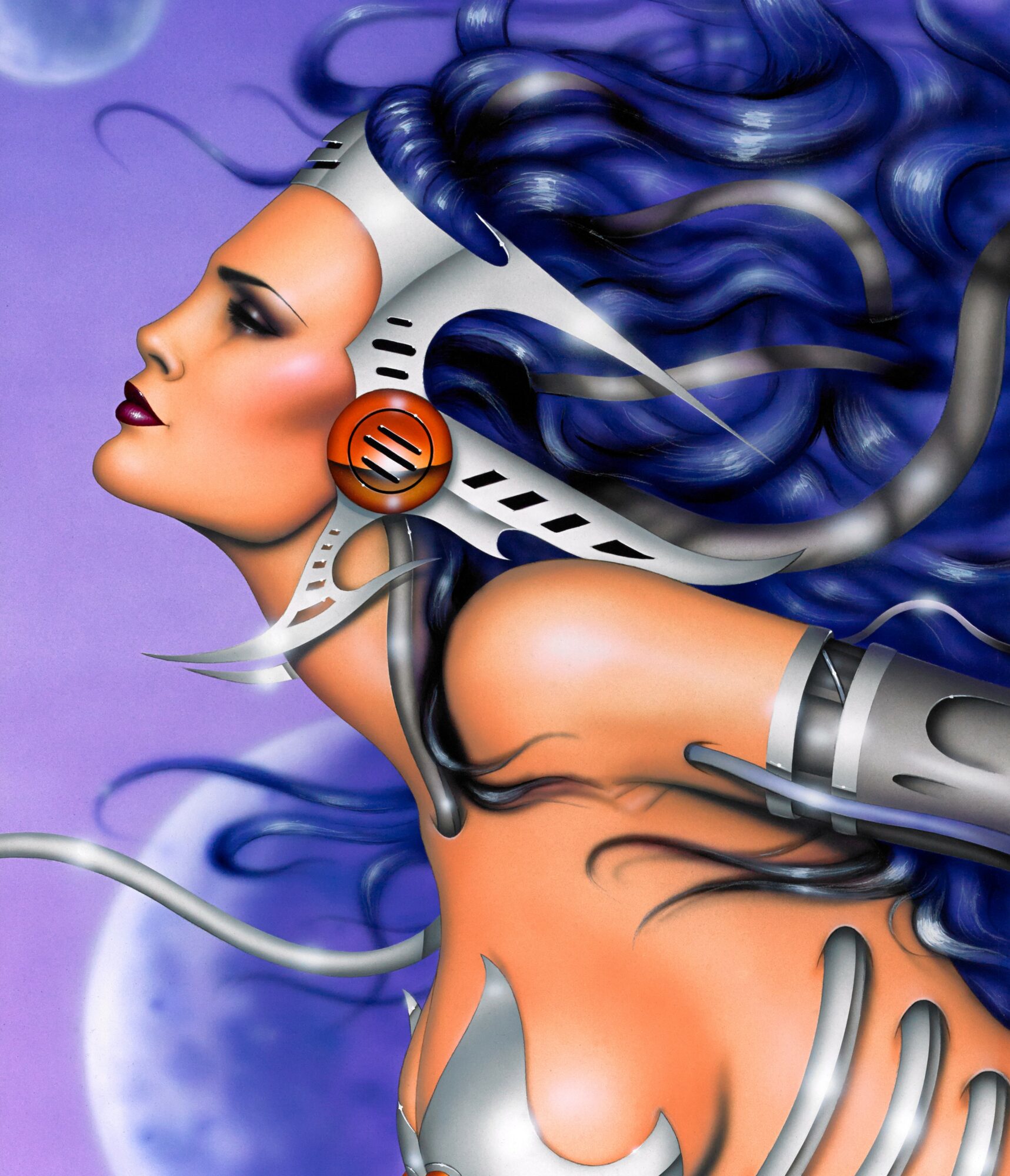 A woman with long blue hair wearing a futuristic helmet with wires and devices, looking to the left against a purple background.