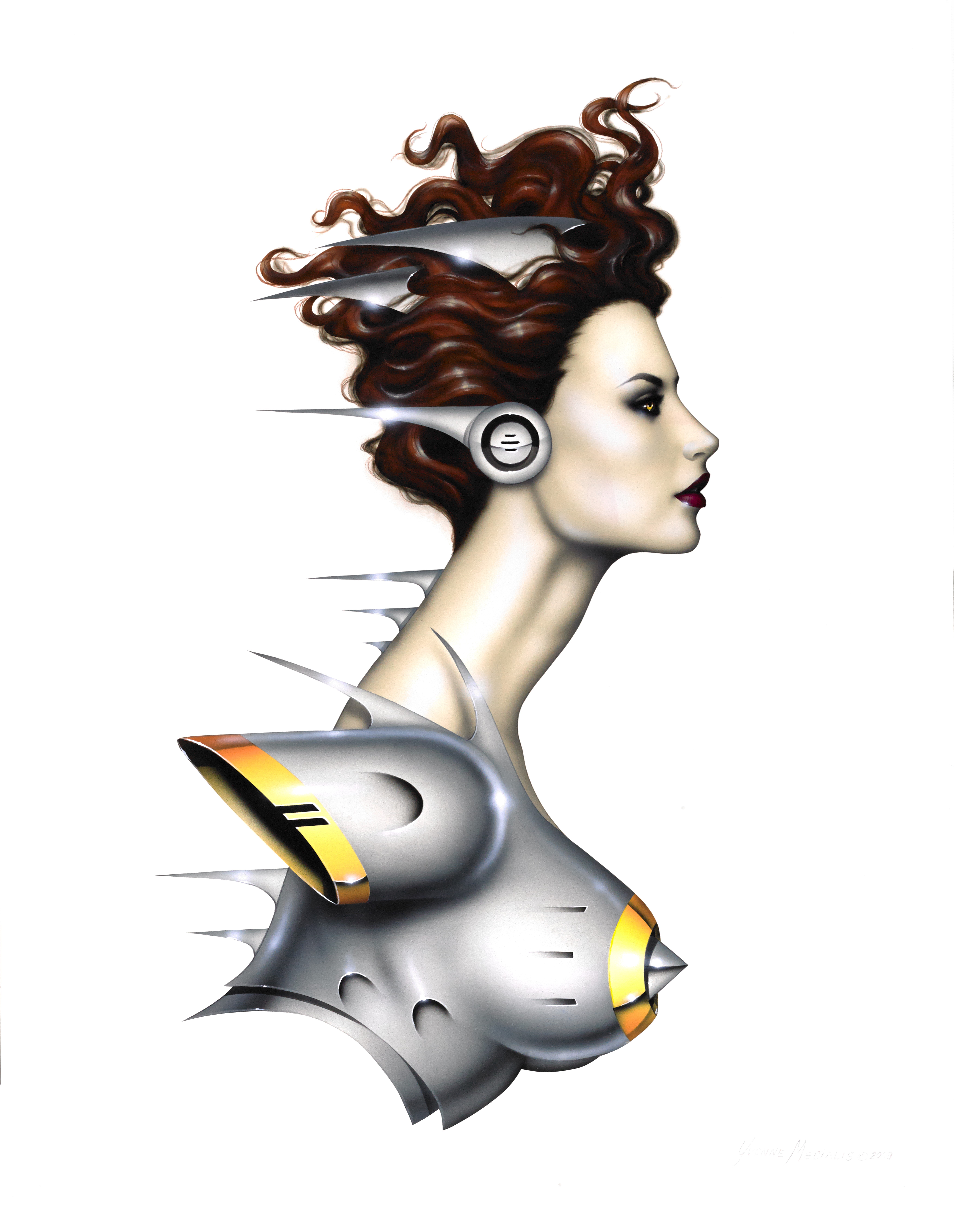 Profile of a woman with flowing hair and futuristic armor, facing right, with a white background.