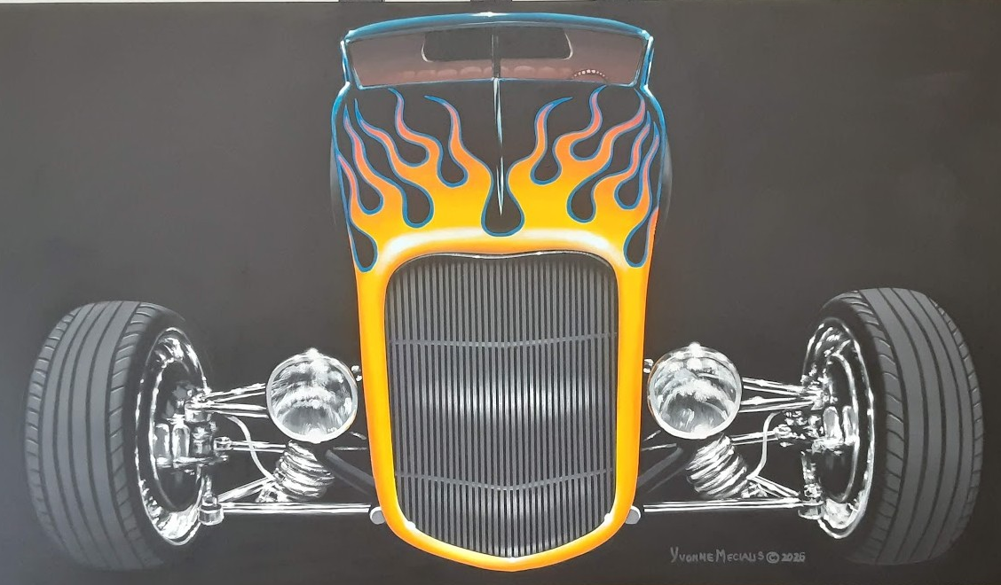 Front view of a vintage race car with a yellow outline, flames on the hood, and large tires.