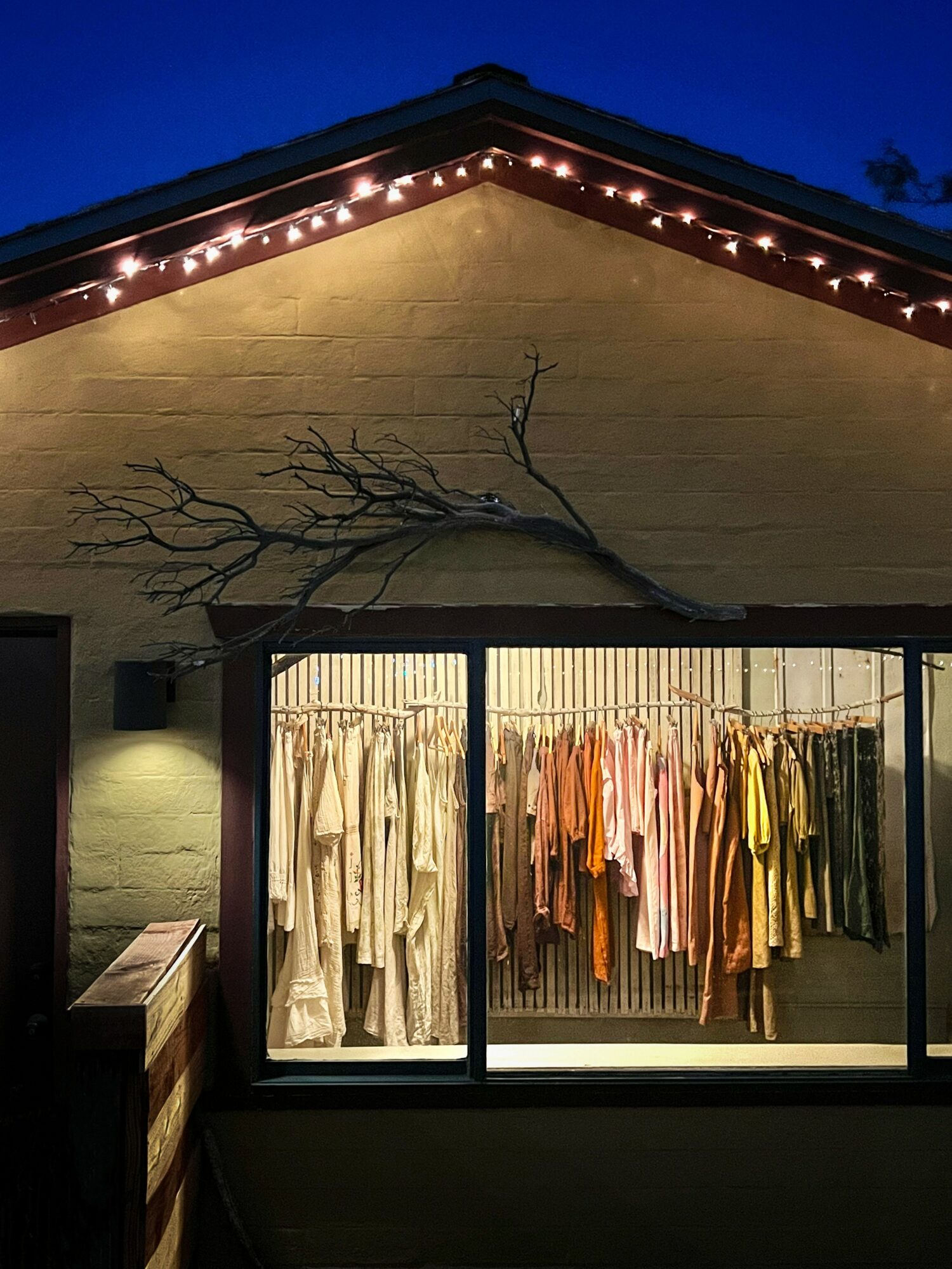 Storefront with clothing racks inside, a leafless branch decorates the exterior wall, and string lights are on the roof edge.