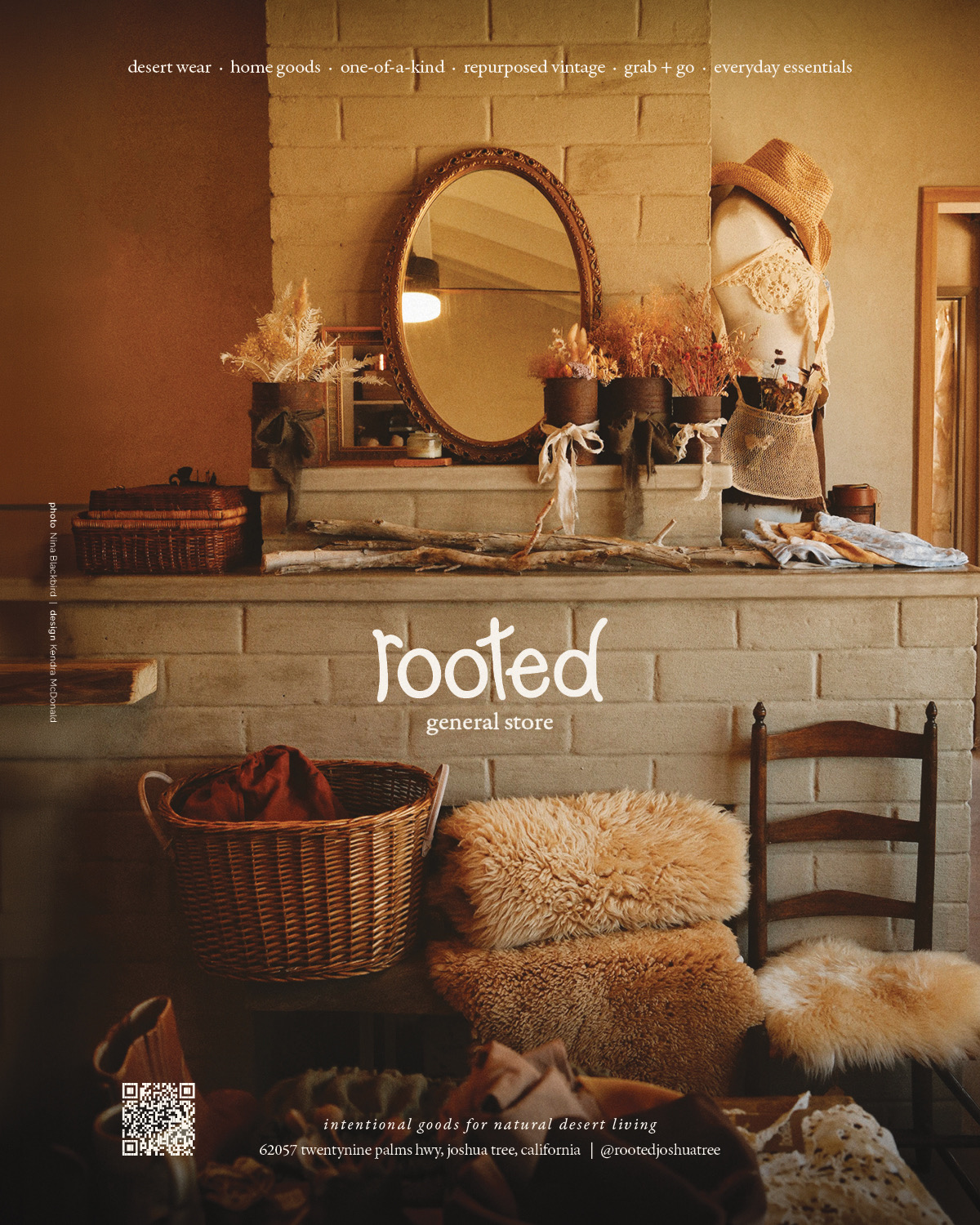 Interior of a store with a brick counter, mirror, and decorative items, including baskets and fur-covered chairs.