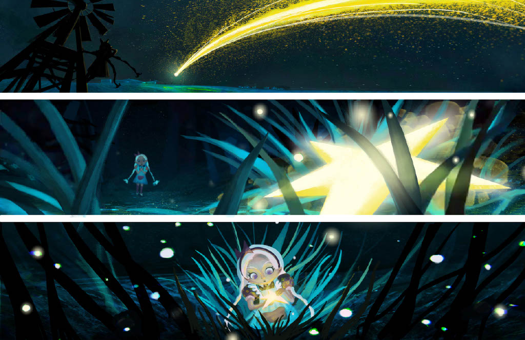Three-panel illustration of a space scene with a rocket, a person in a forest, and a glowing creature among plants.