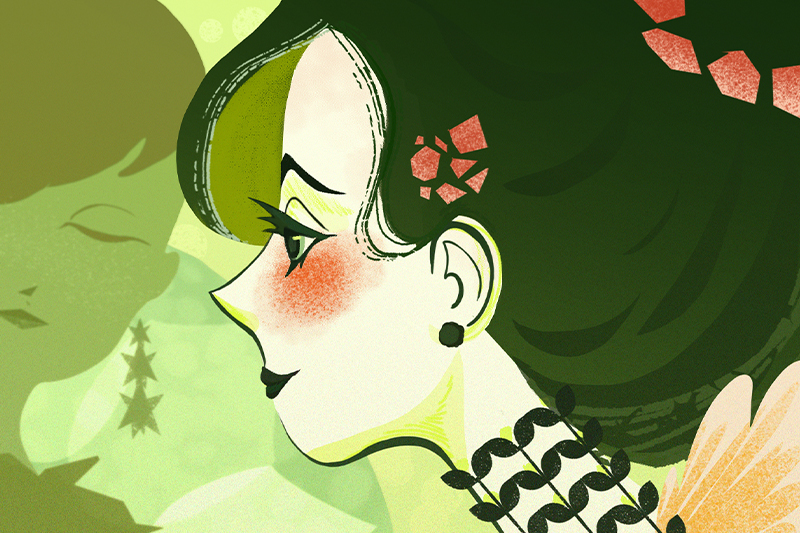 A stylized illustration of a woman with dark hair, earrings, and makeup, facing left with a faint reflection behind her.