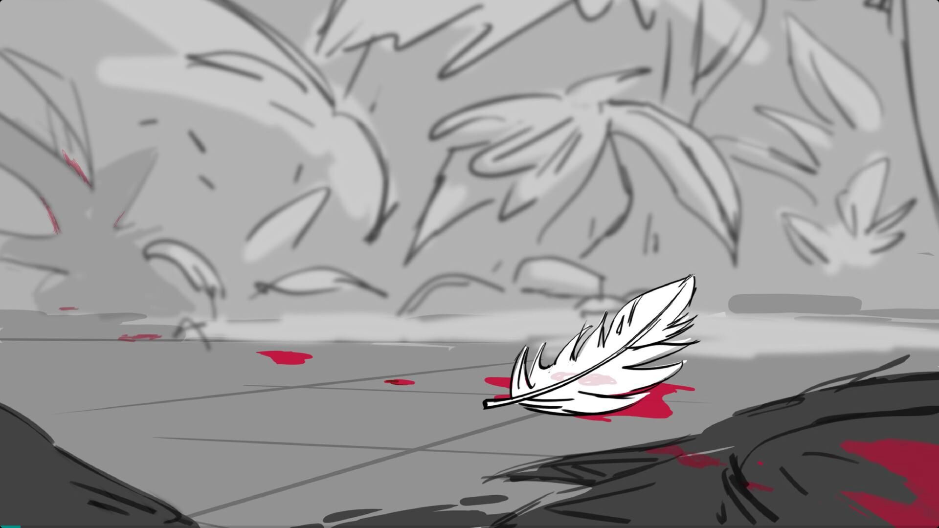 Feather lying on ground with blood, surrounded by blurred faces in background, in grayscale with red blood spots.