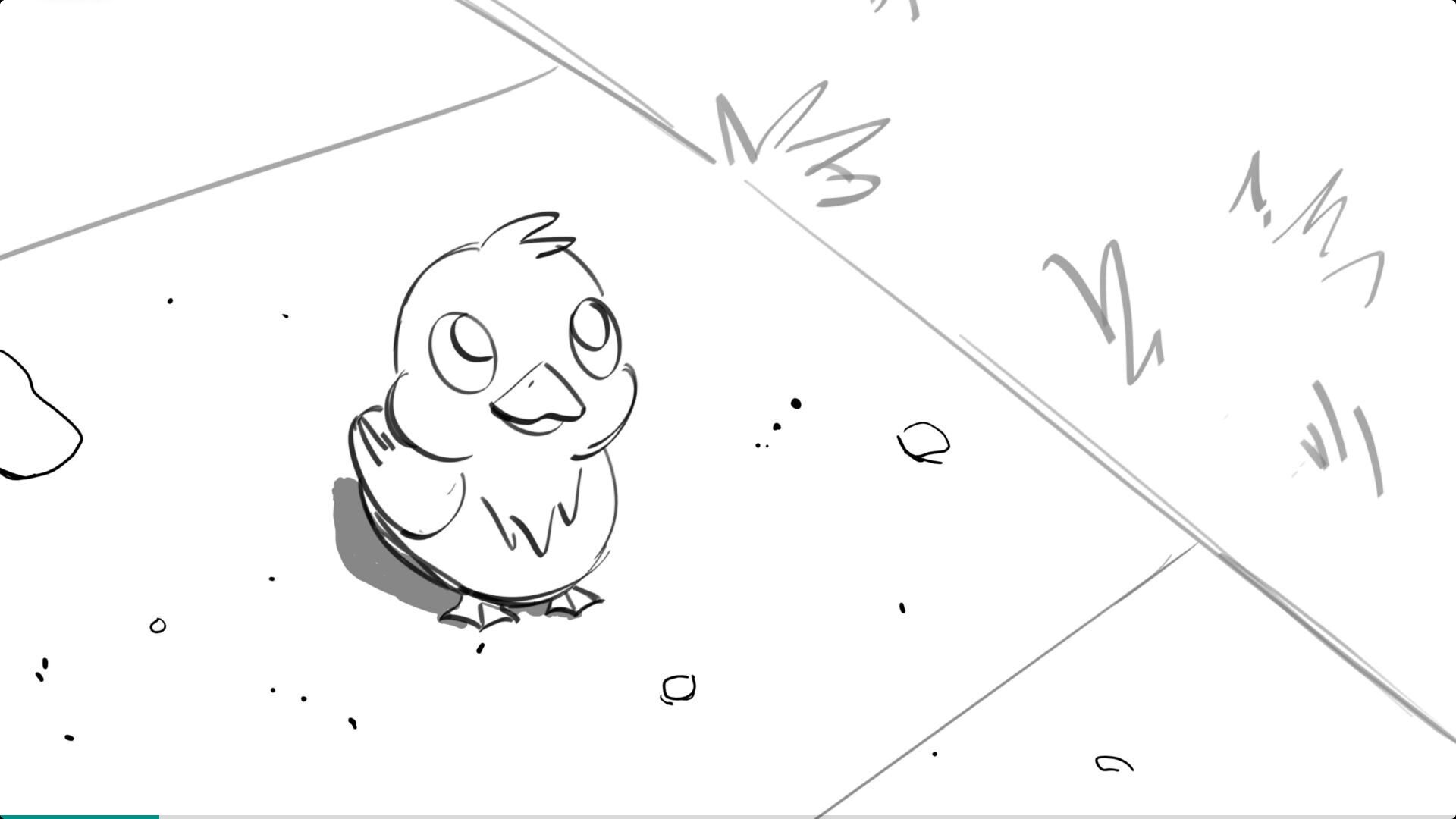 A cartoon owl standing on the ground with grass and small rocks nearby.