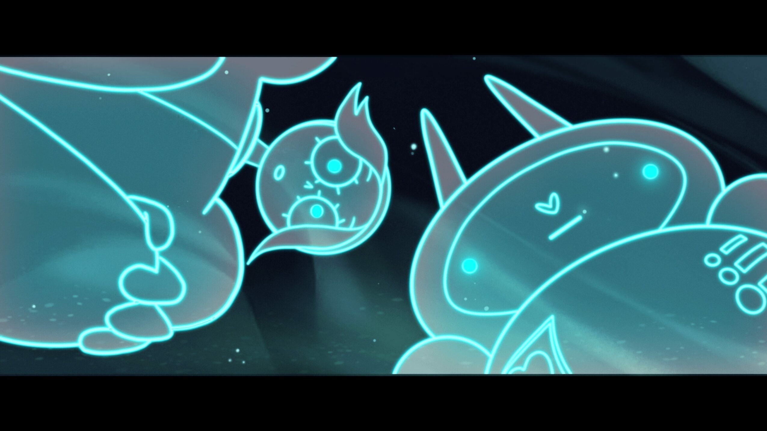 Two glowing cartoon characters with expressive faces and a spaceship, set against a dark background.