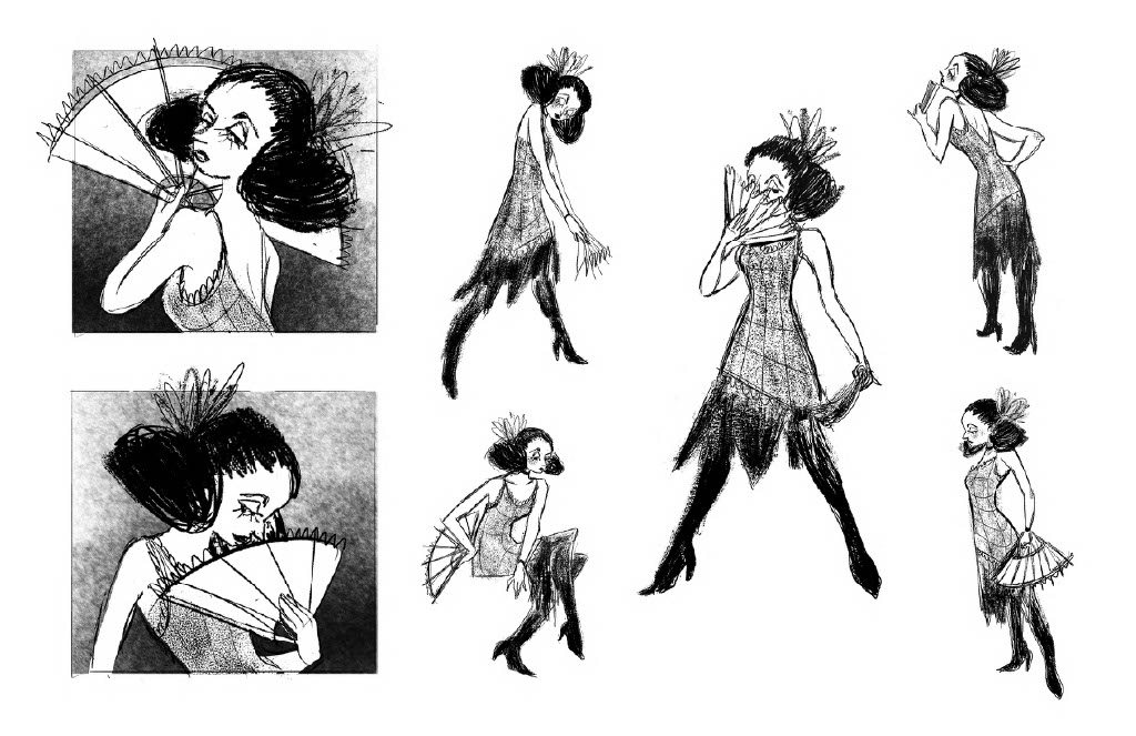 Six black-and-white sketches of a woman with traditional hairstyle and clothing, holding a fan in various poses.